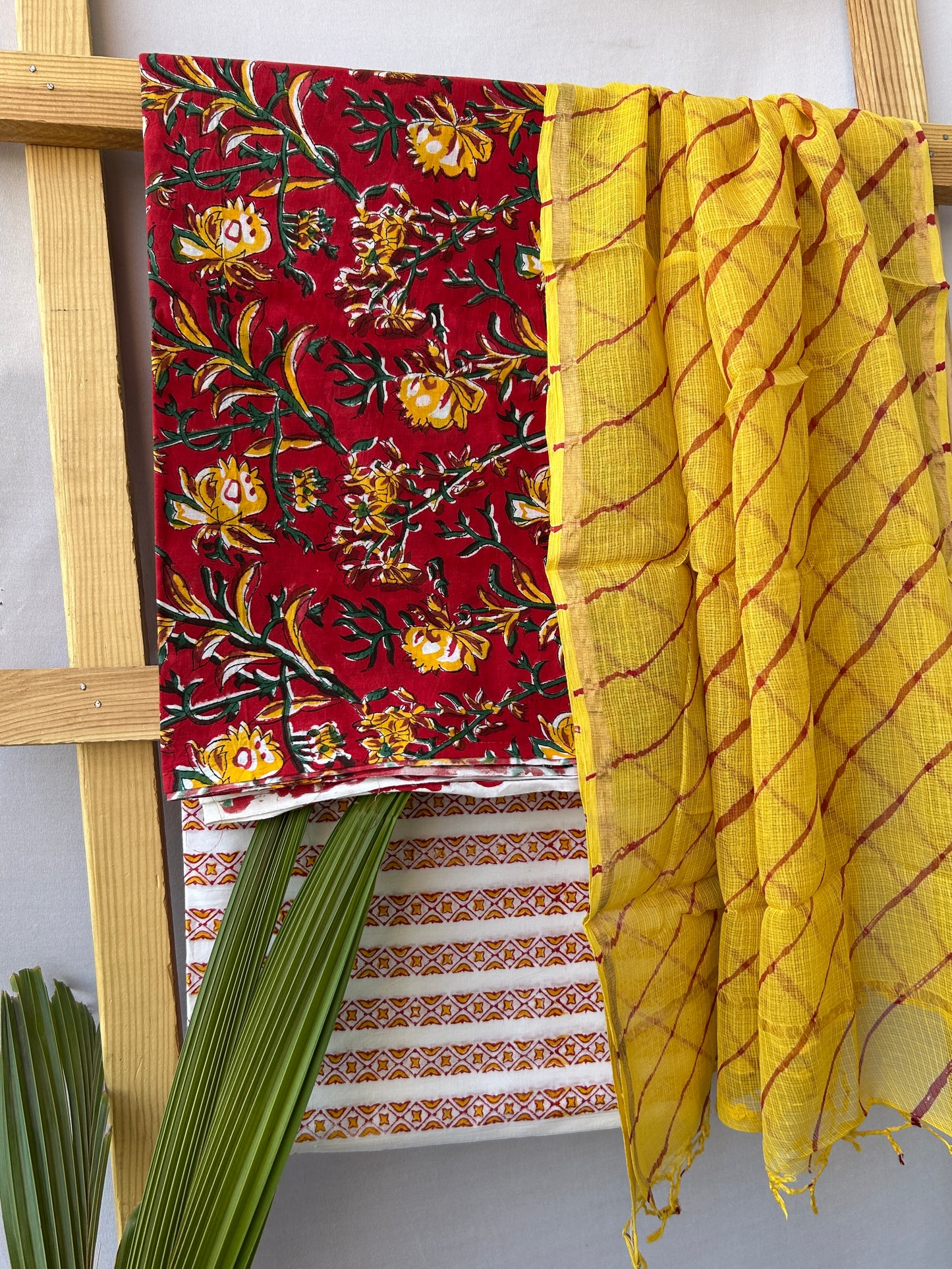 Hand BlockPrint Cotton Dress Material with Lehariya Kota Dupatta