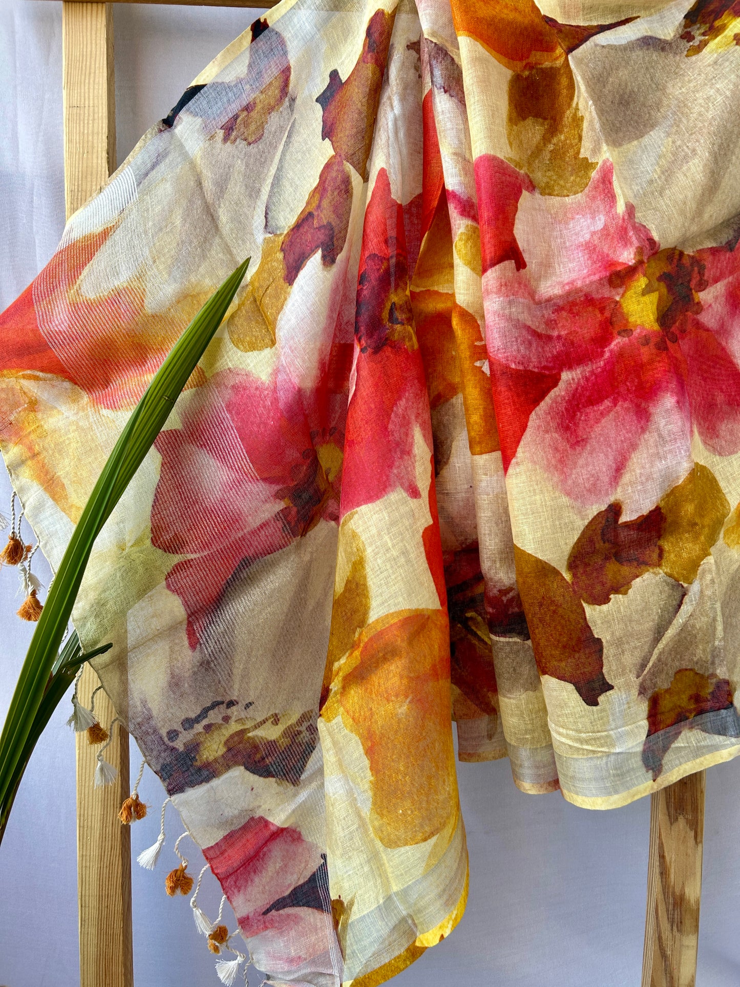 Pure Linen Digital Print Dupatta with Silver Border and Tassles *