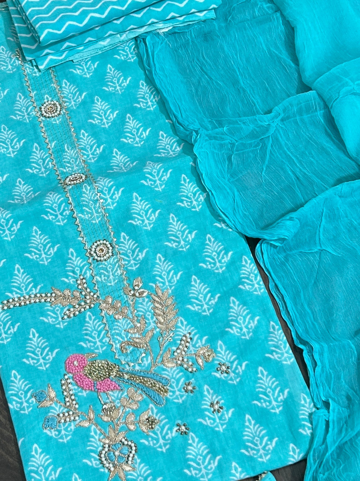 Cotton Handwork Dress Material with Chiffon Dupatta
