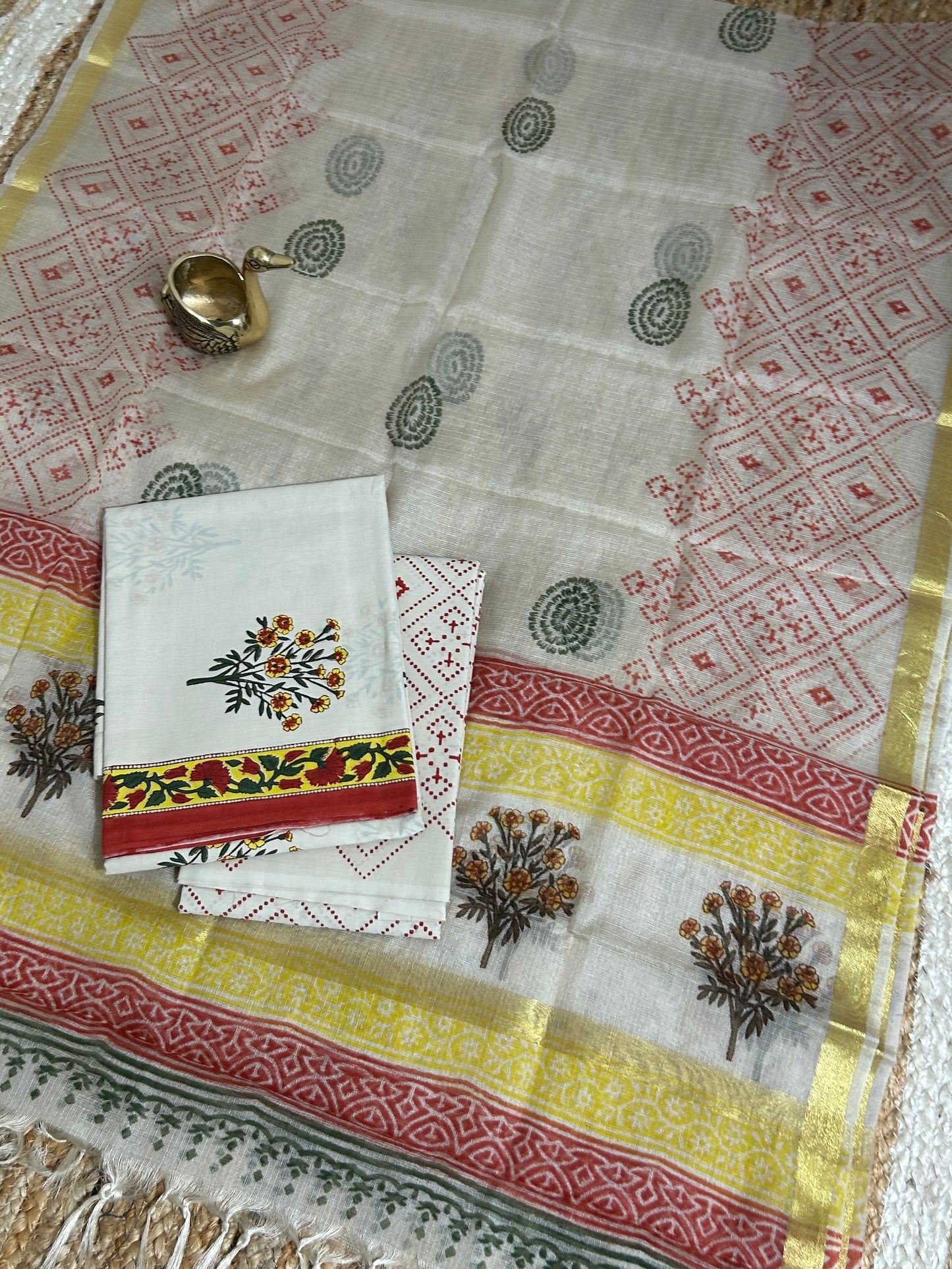 Hand Block Print Cotton Dress Material with Kota Silk Dupatta *