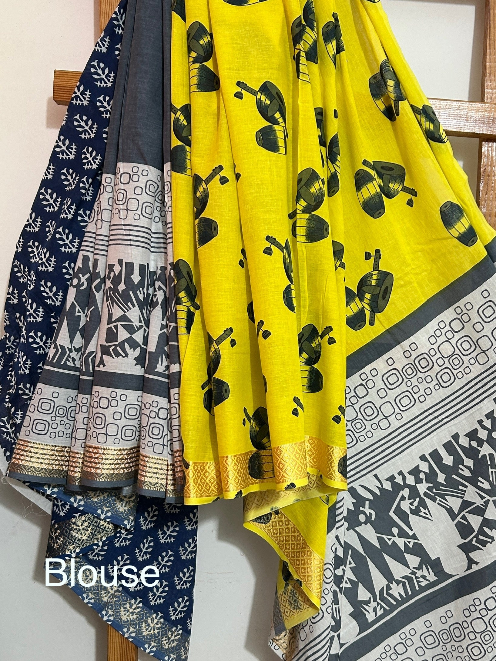 Hand Blockprint Half and Half Cotton Saree with Maheshwari border