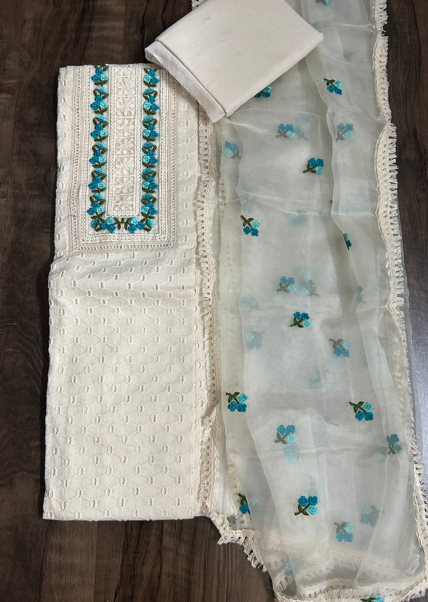 Hakoba Cotton Dress Material with Embroidered Organza Dupatta 