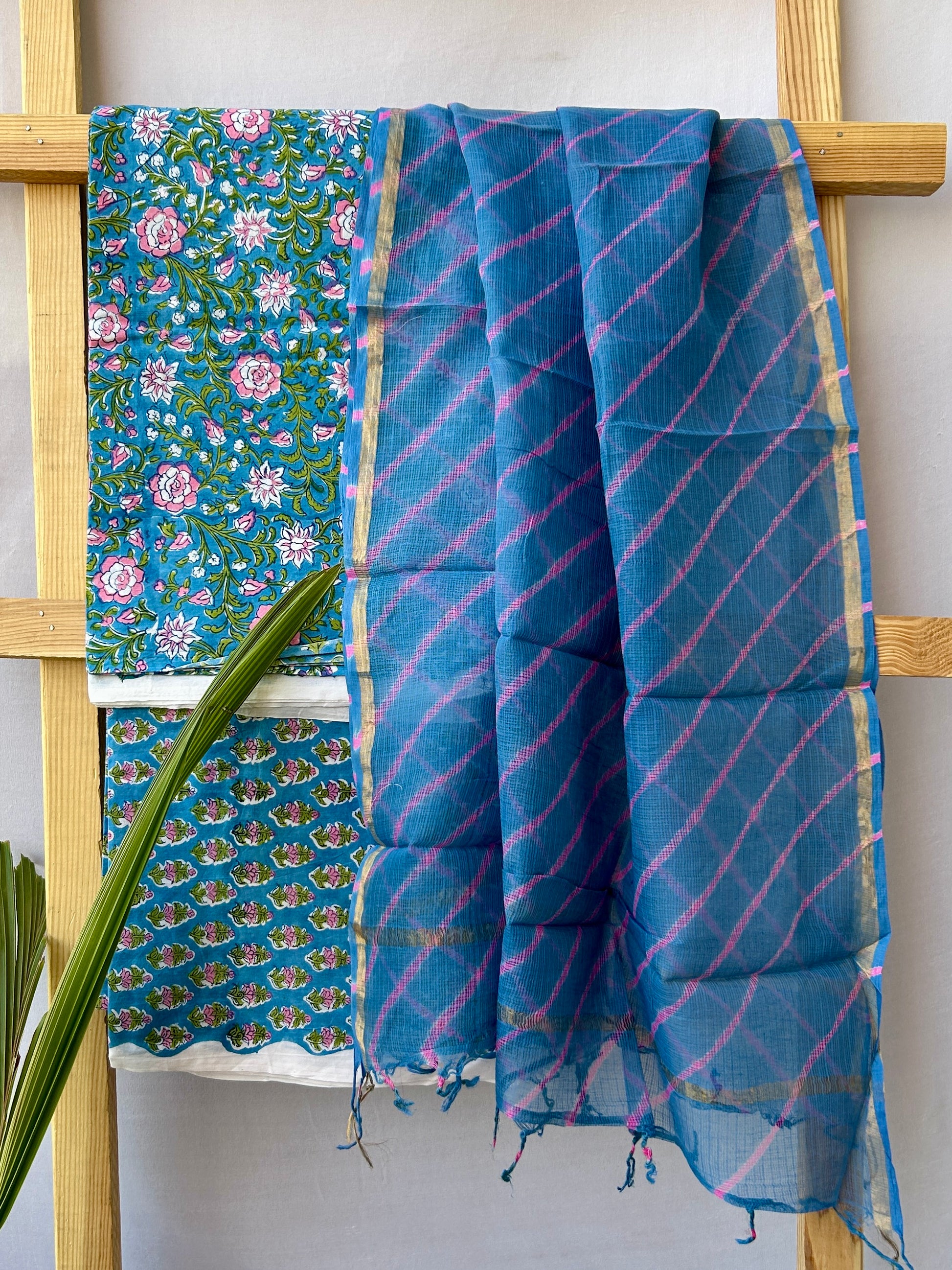 Cotton Hand BlockPrint Dress Material with Lehariya Kota Dupatta