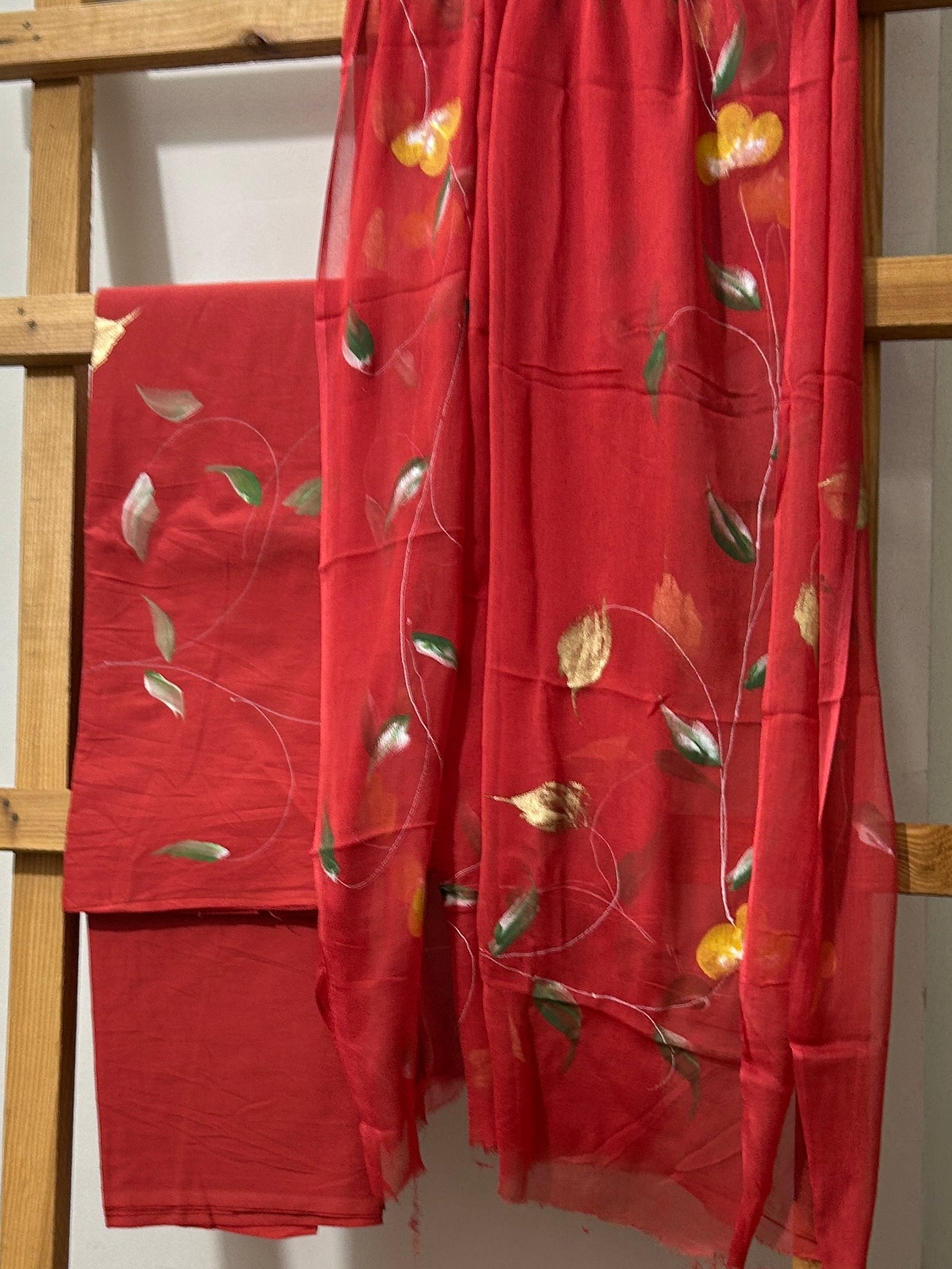 Hand Painted Cotton Dress material with Chiffon Dupatta *