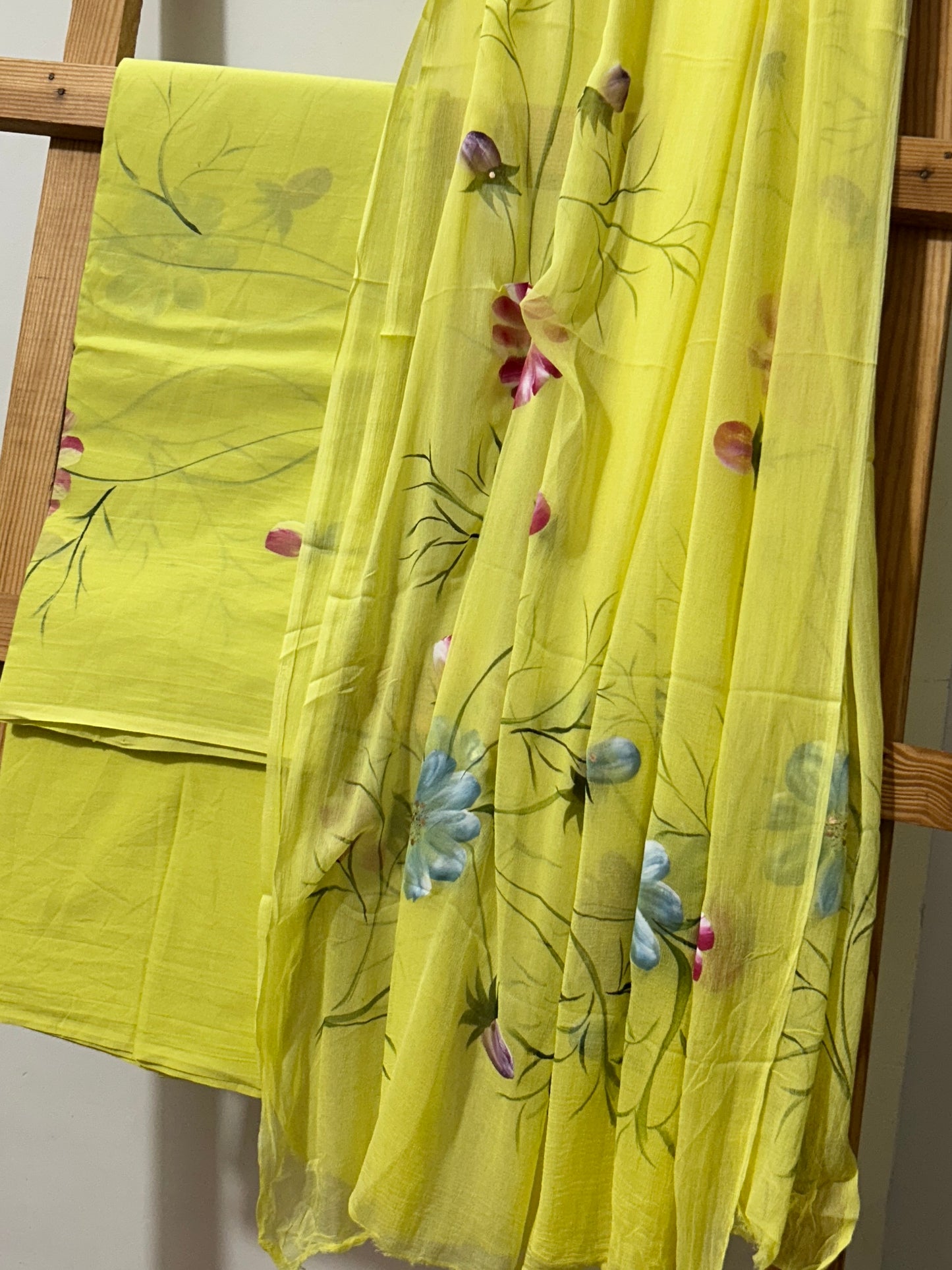 Hand Painted Cotton Dress material with Chiffon Dupatta *