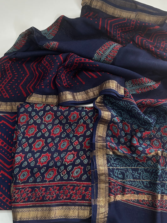 Hand Block Print Maheshwari Silk Cotton Dress Material