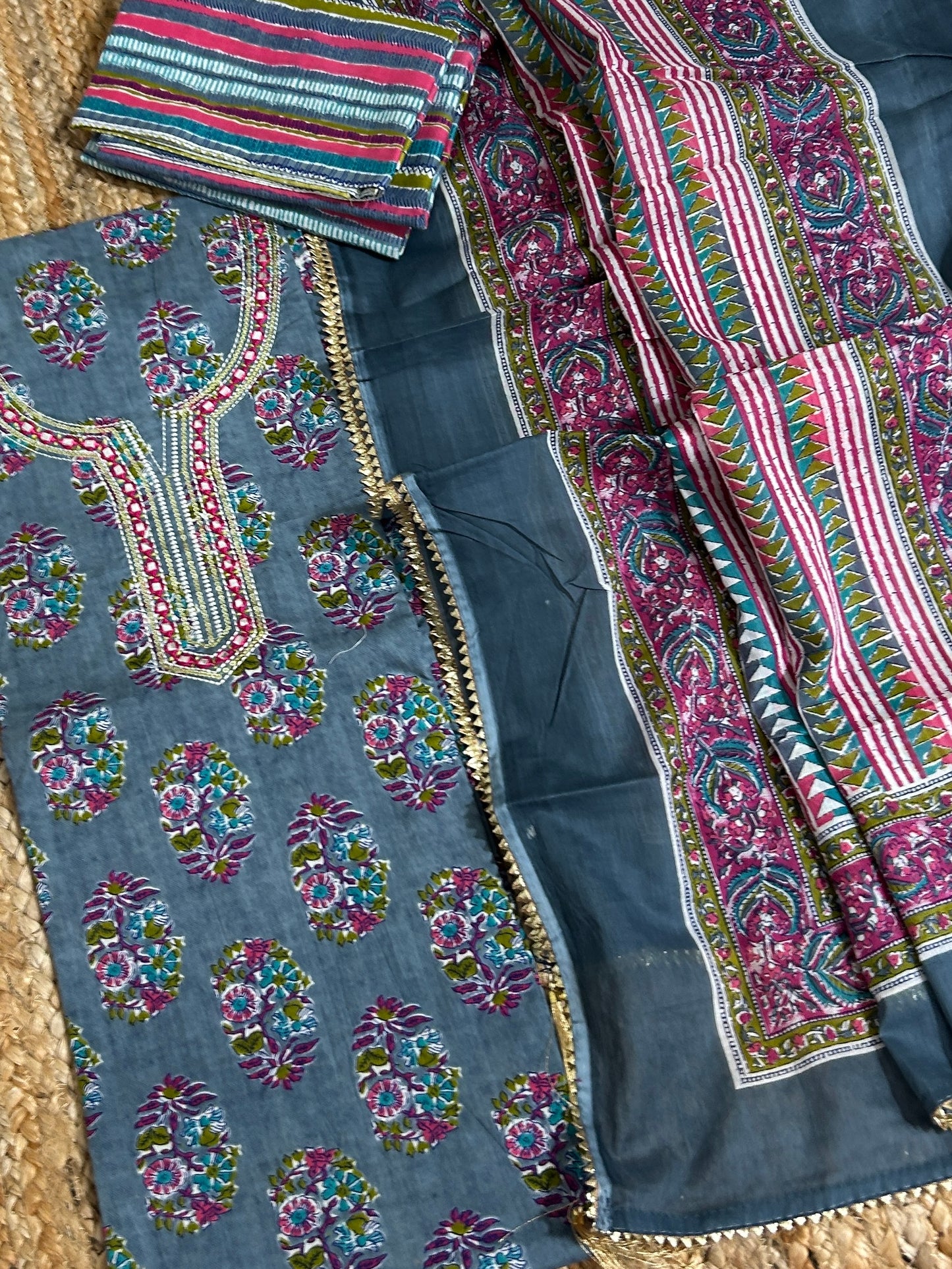 Hand Blockprint Cotton Embroidered Dress Material with Cotton Dupatta *