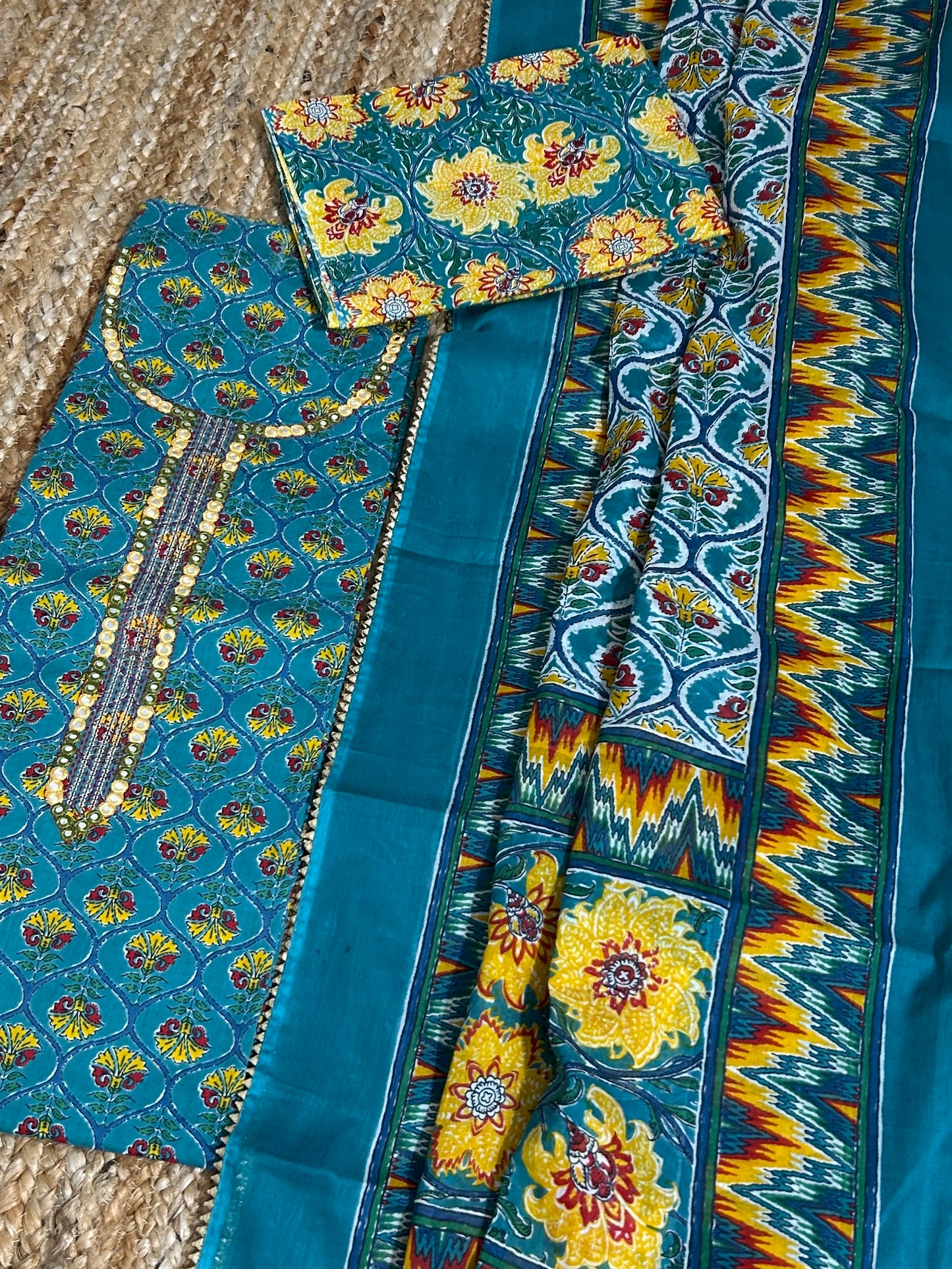 Hand BlockPrint Cotton Embroidered Dress Material with Cotton Dupatta *