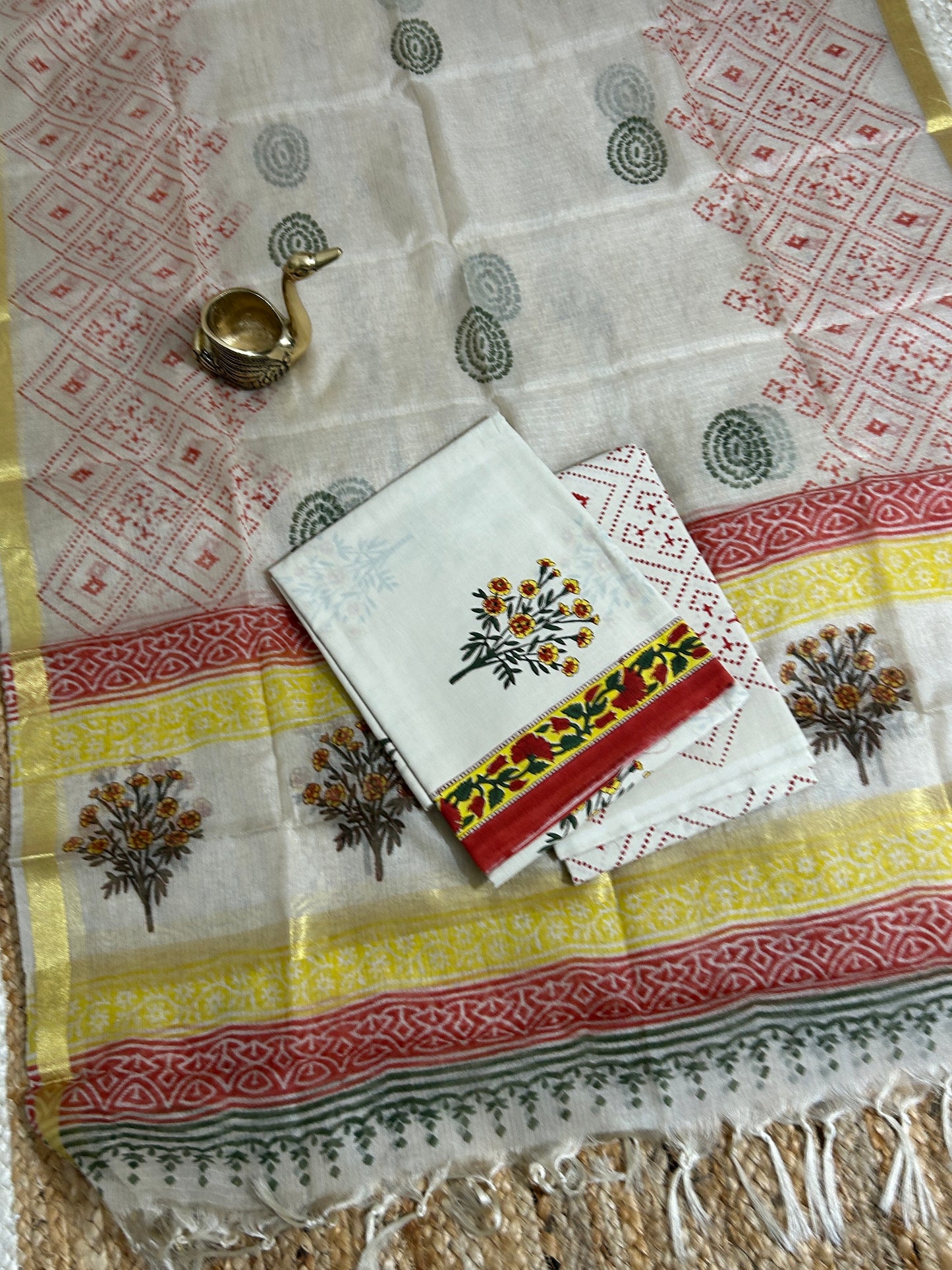 Hand Block Print Cotton Dress Material with Kota Silk Dupatta *