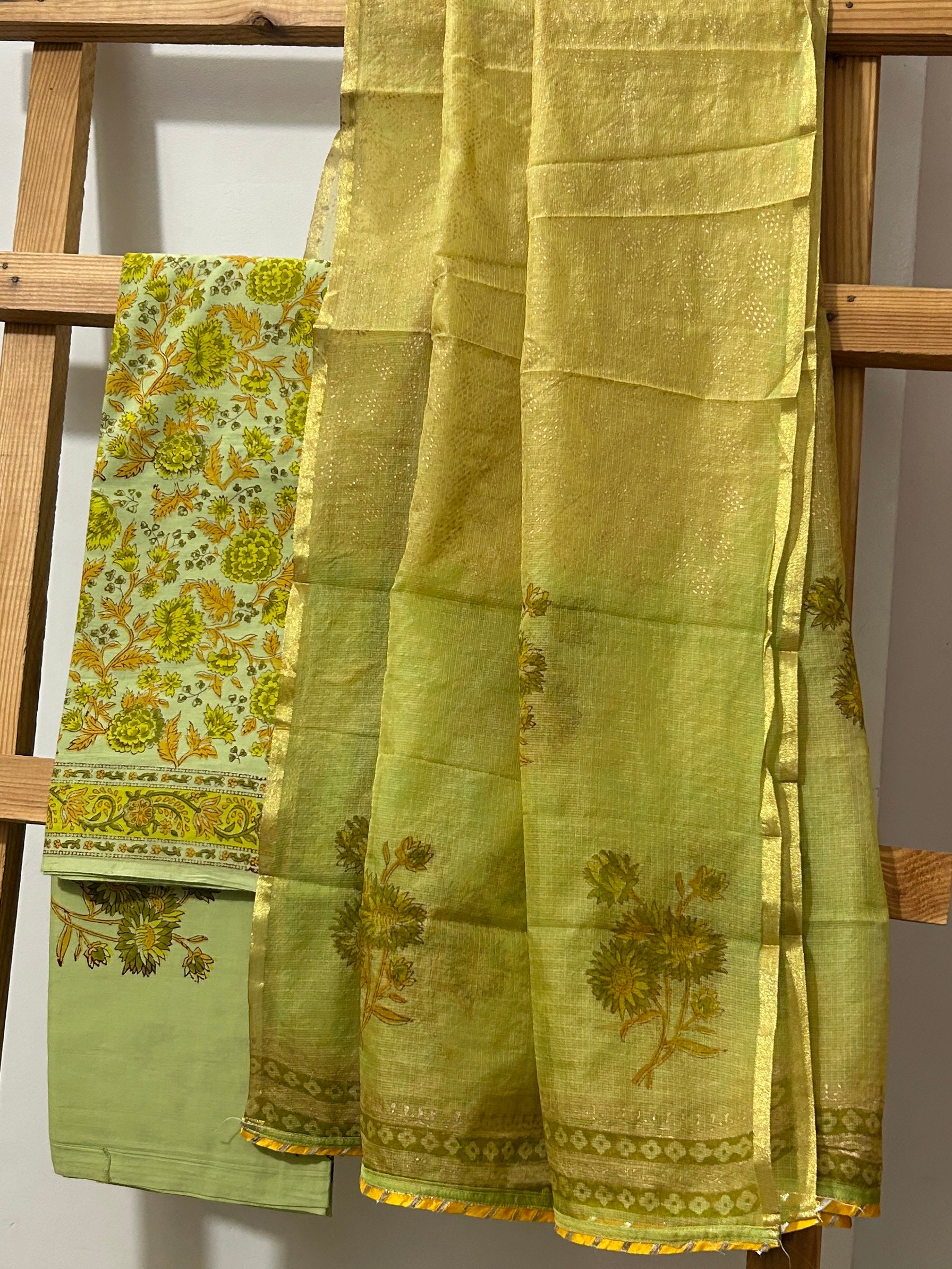 Hand Block Print Cotton Dress material with Kota Silk Dupatta
