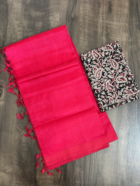 Mangalagiri Silk Cotton Hand Woven Saree with Extra Kalamkari Blouse