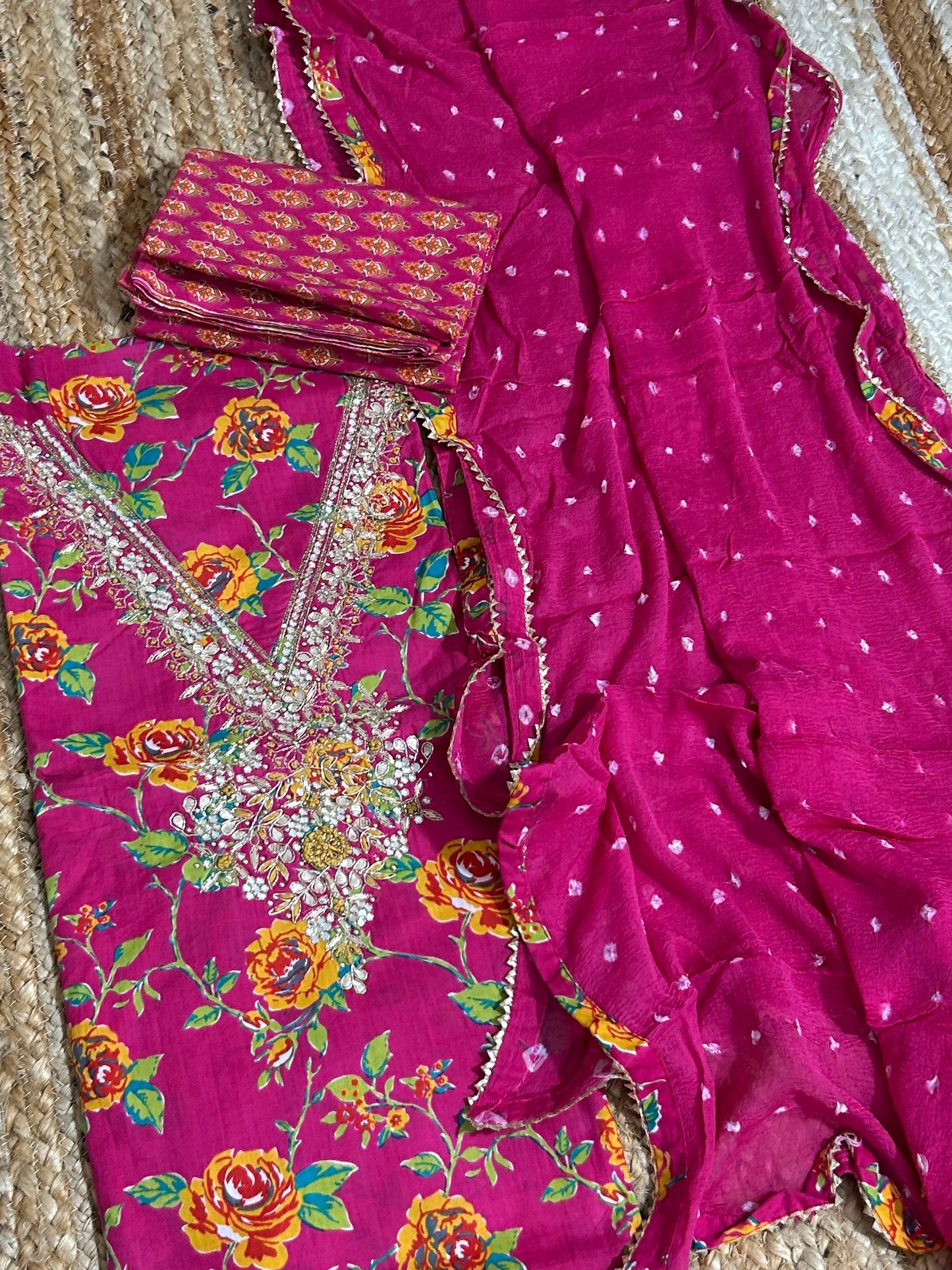 Cotton Handwork Dress Material with Pure Chiffon Dupatta *