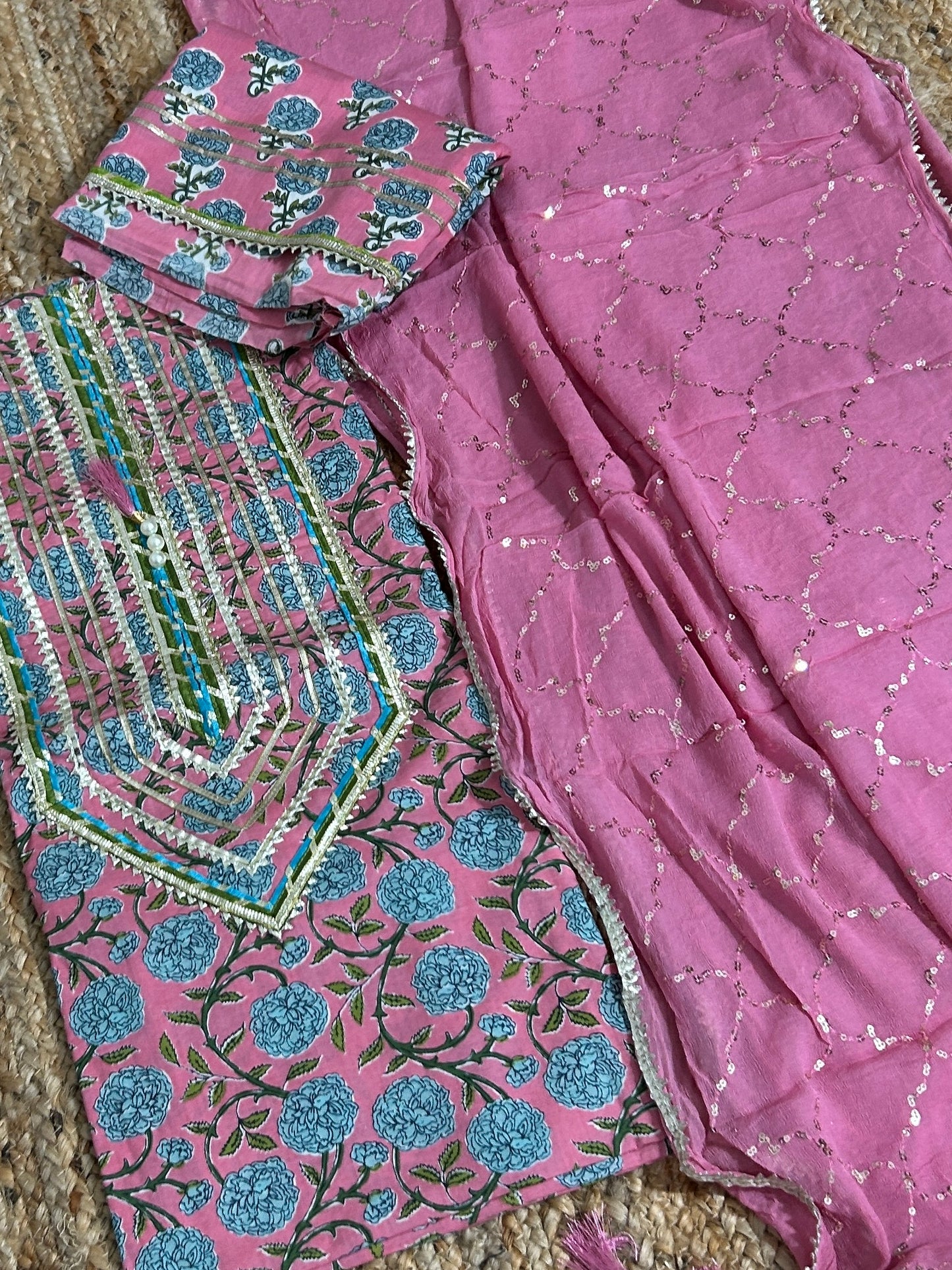 Hand BlockPrint Cotton Dress Material with Pure Chiffon Sequins Dupatta *