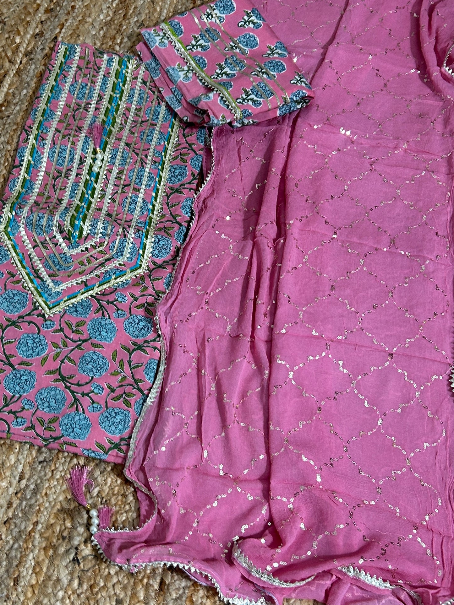 Hand BlockPrint Cotton Dress Material with Pure Chiffon Sequins Dupatta *