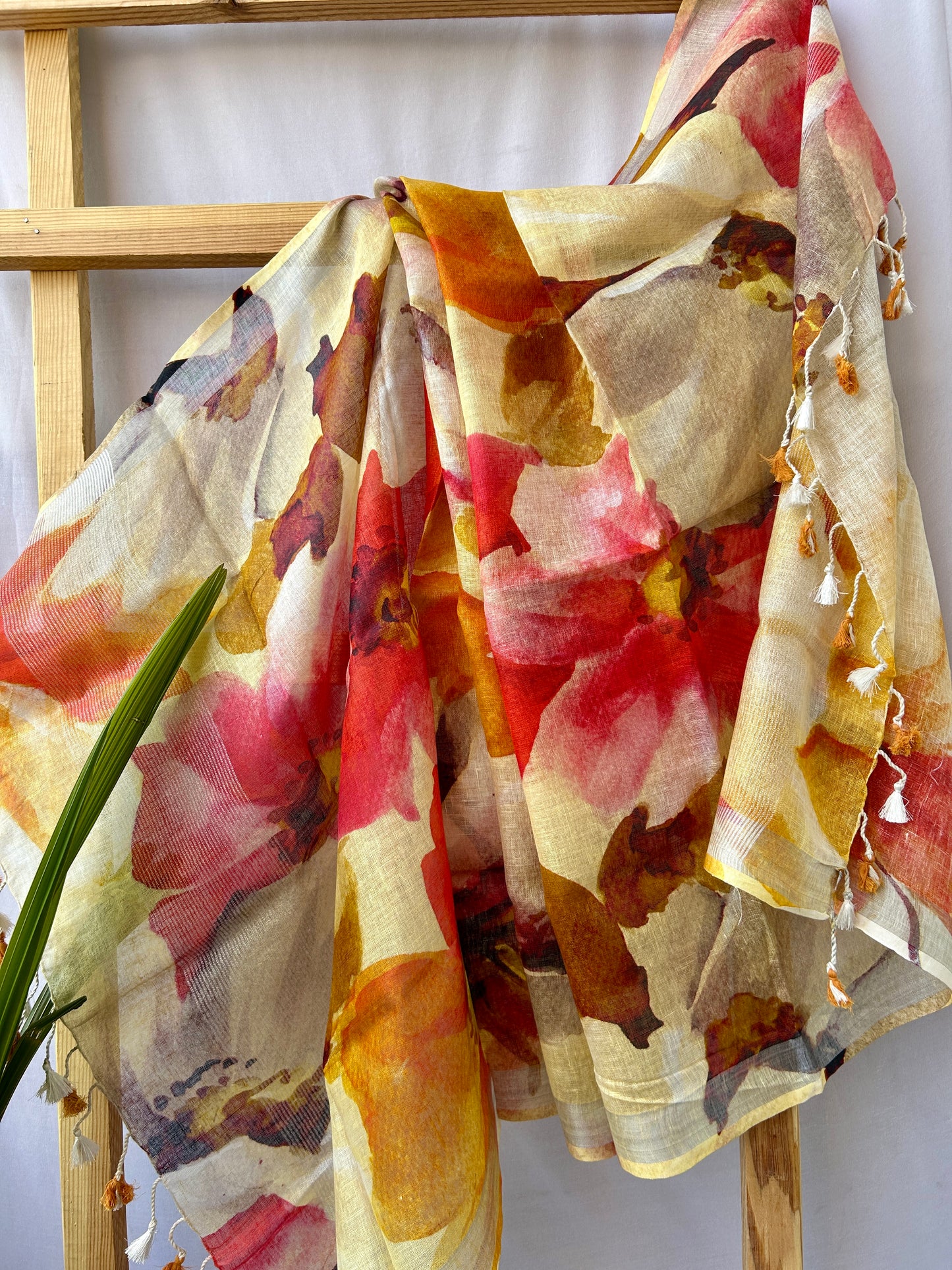 Pure Linen Digital Print Dupatta with Silver Border and Tassles *