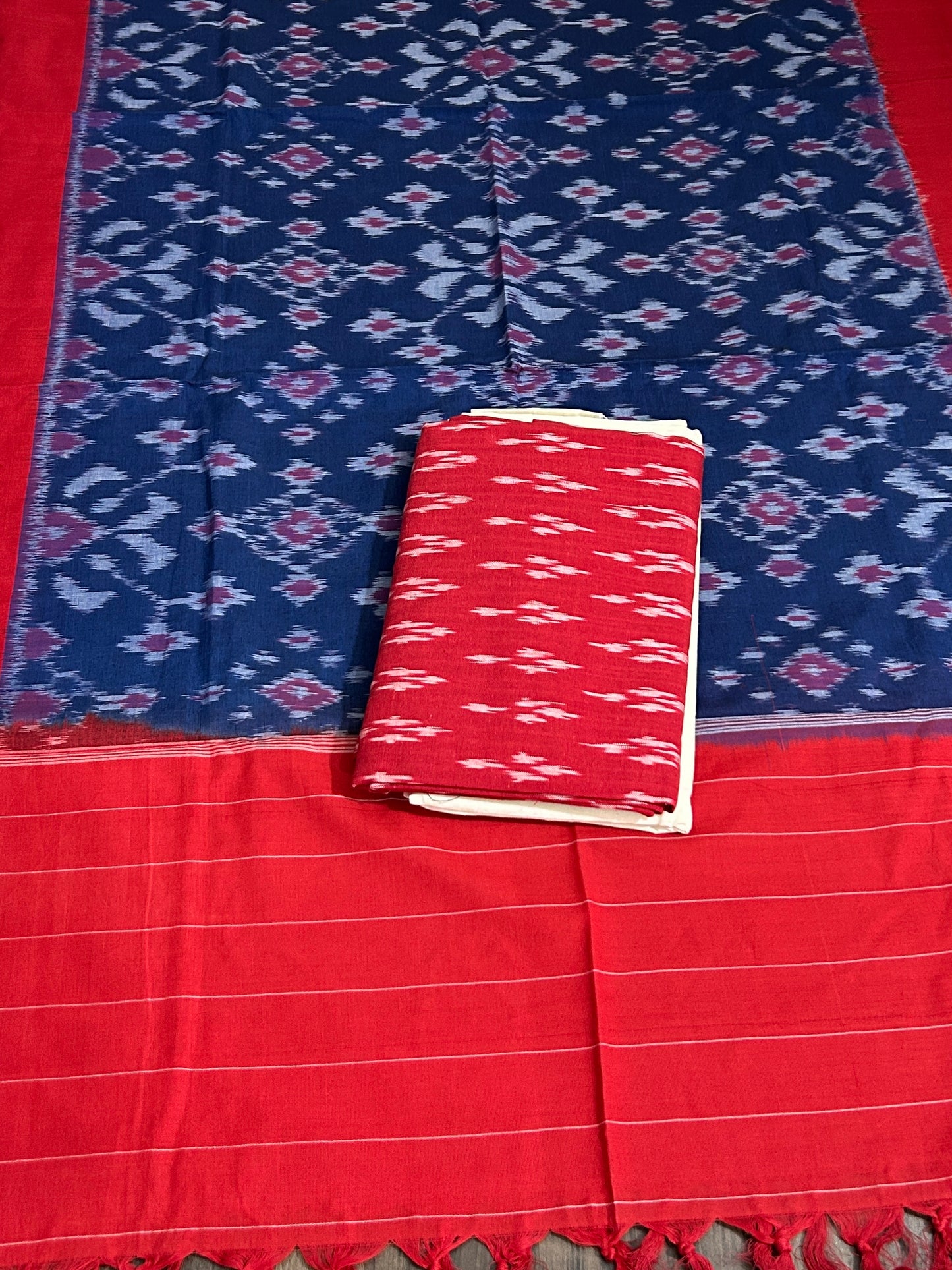 Red Double Ikat Mercerised Cotton Dress Material