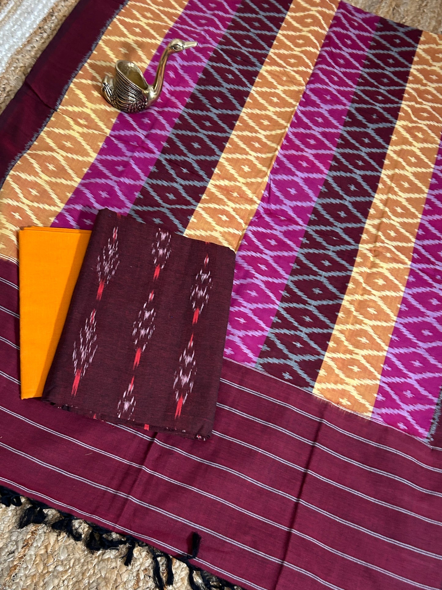 Brown Double Ikat Cotton Dress Material
