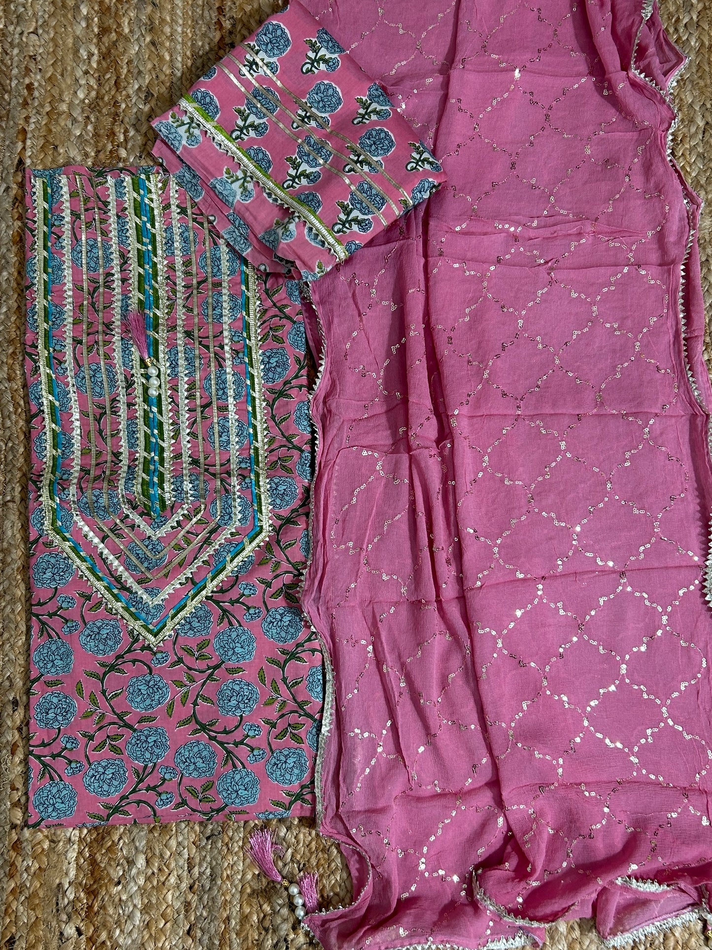 Hand BlockPrint Cotton Dress Material with Pure Chiffon Sequins Dupatta *