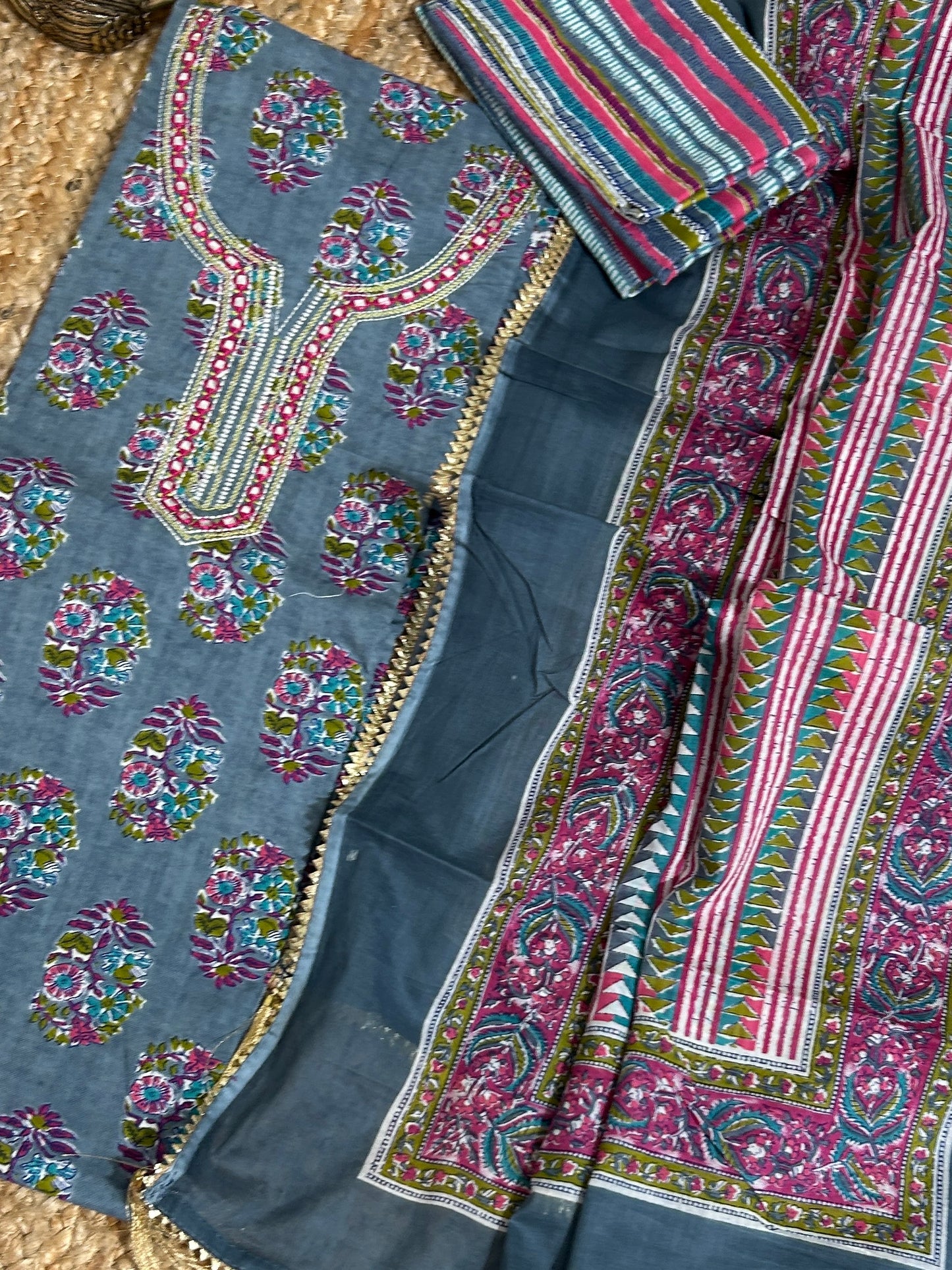 Hand Blockprint Cotton Embroidered Dress Material with Cotton Dupatta *