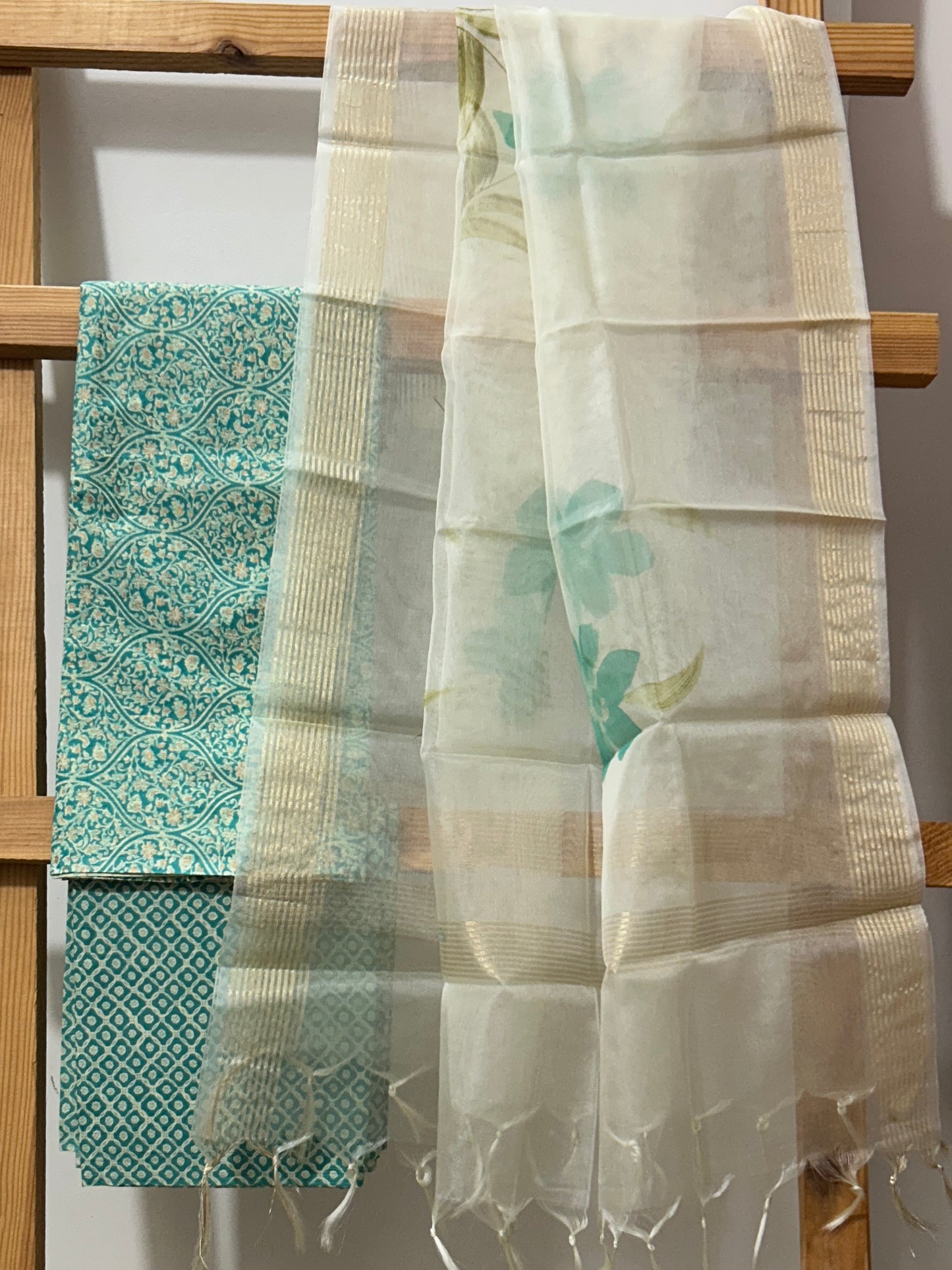 Hand BlockPrint Cotton Dress Material with Organza Dupatta *