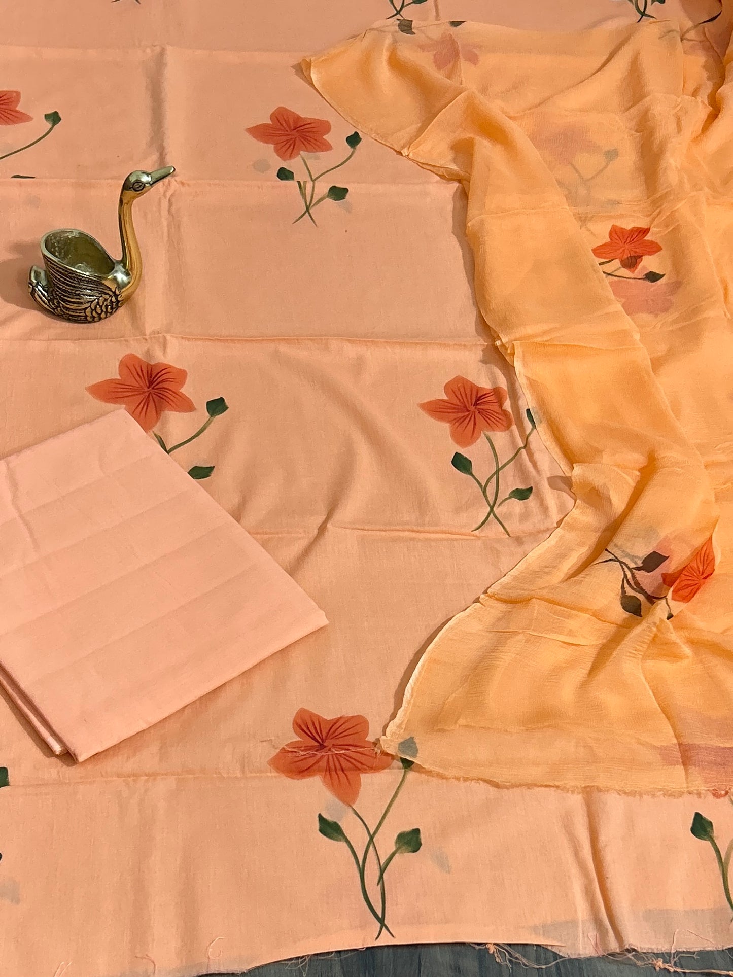 Hand Painted Cotton Dress Material with Chiffon Dupatta *