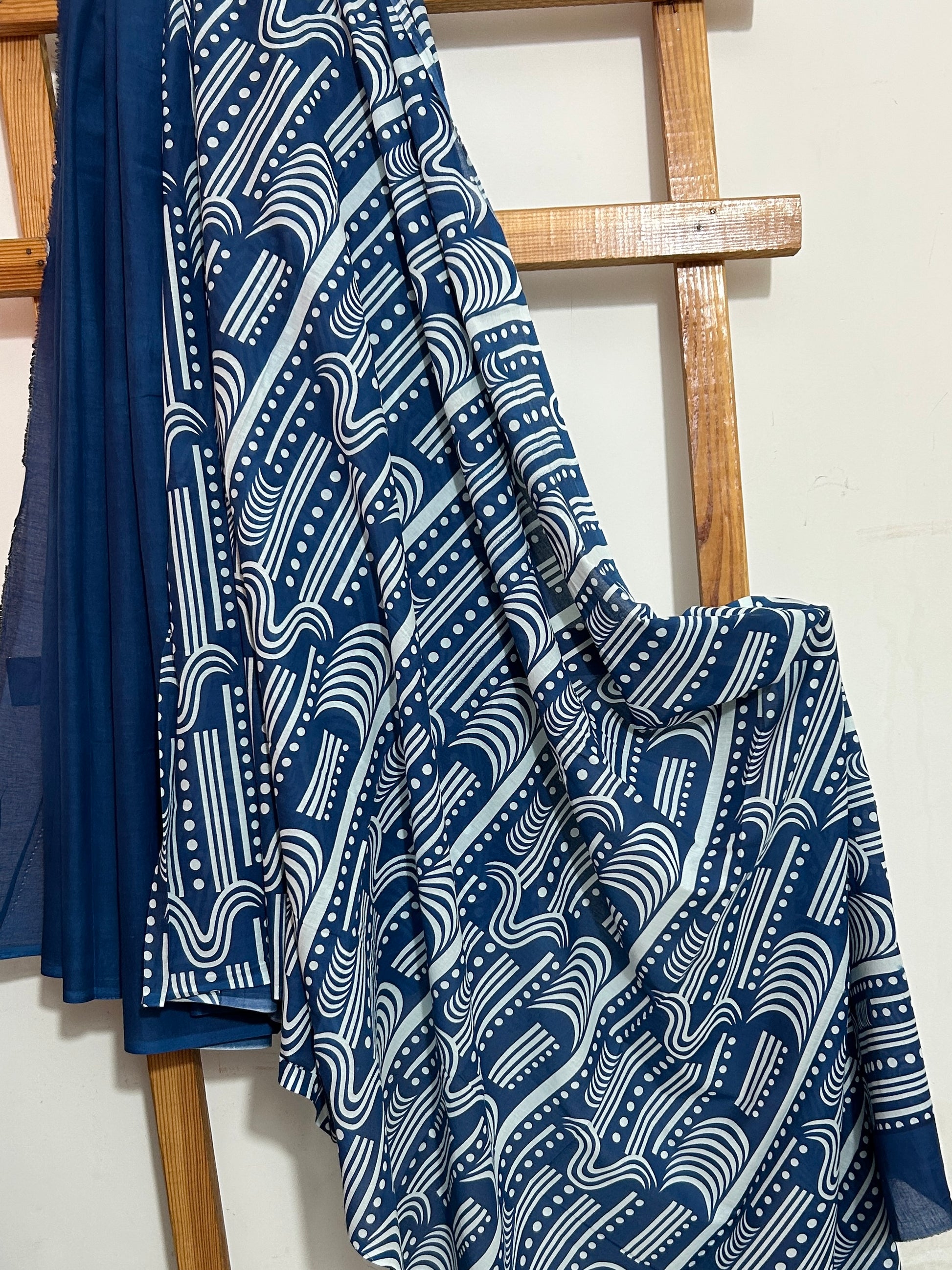 Half and half Indigo Bagru Hand Block Print Cotton Saree