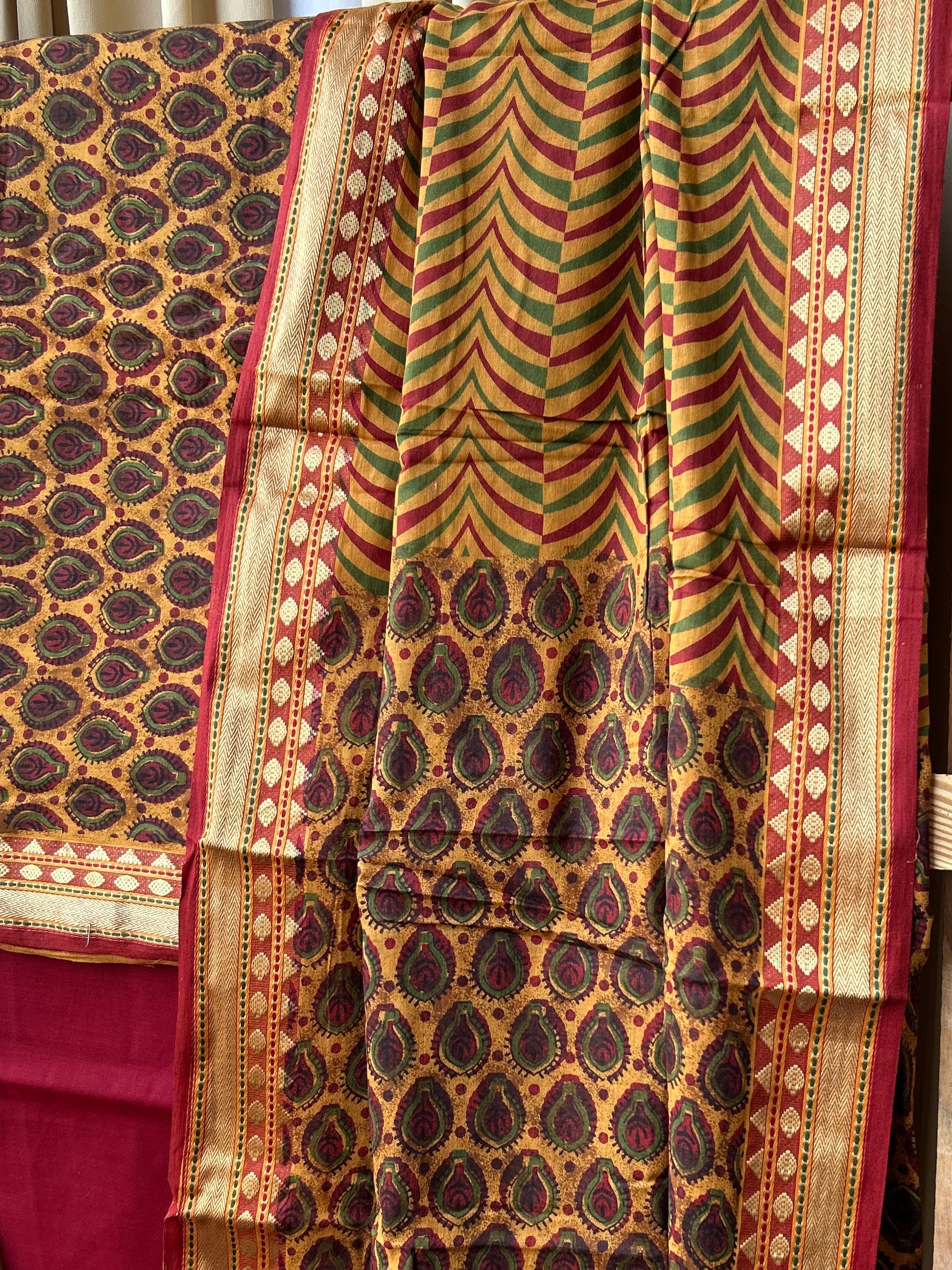 Hand Block Print Cotton Dress Material with zari Border