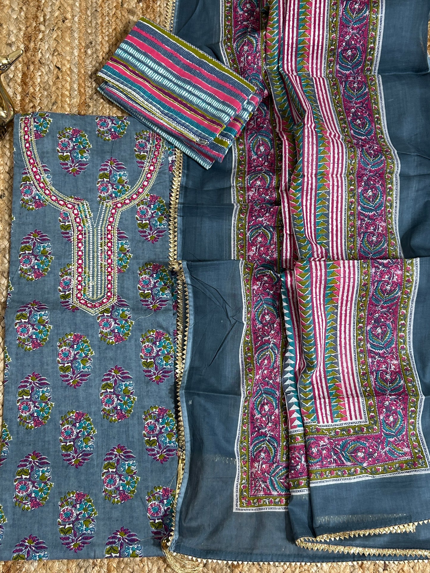 Hand Blockprint Cotton Embroidered Dress Material with Cotton Dupatta *