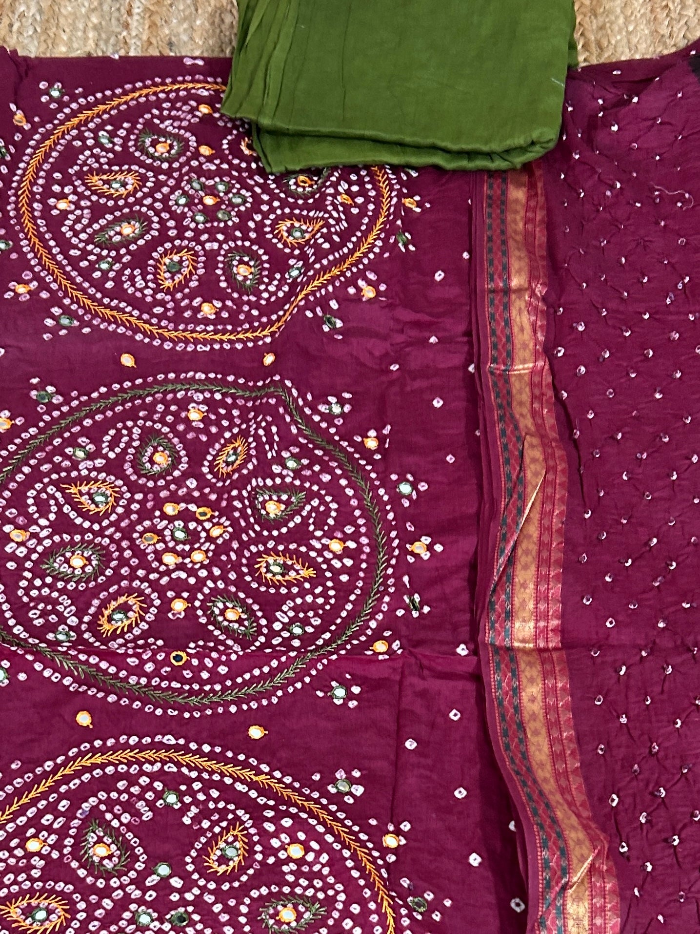 Bandhej HandWork and Mirror Work Cotton Dress Material