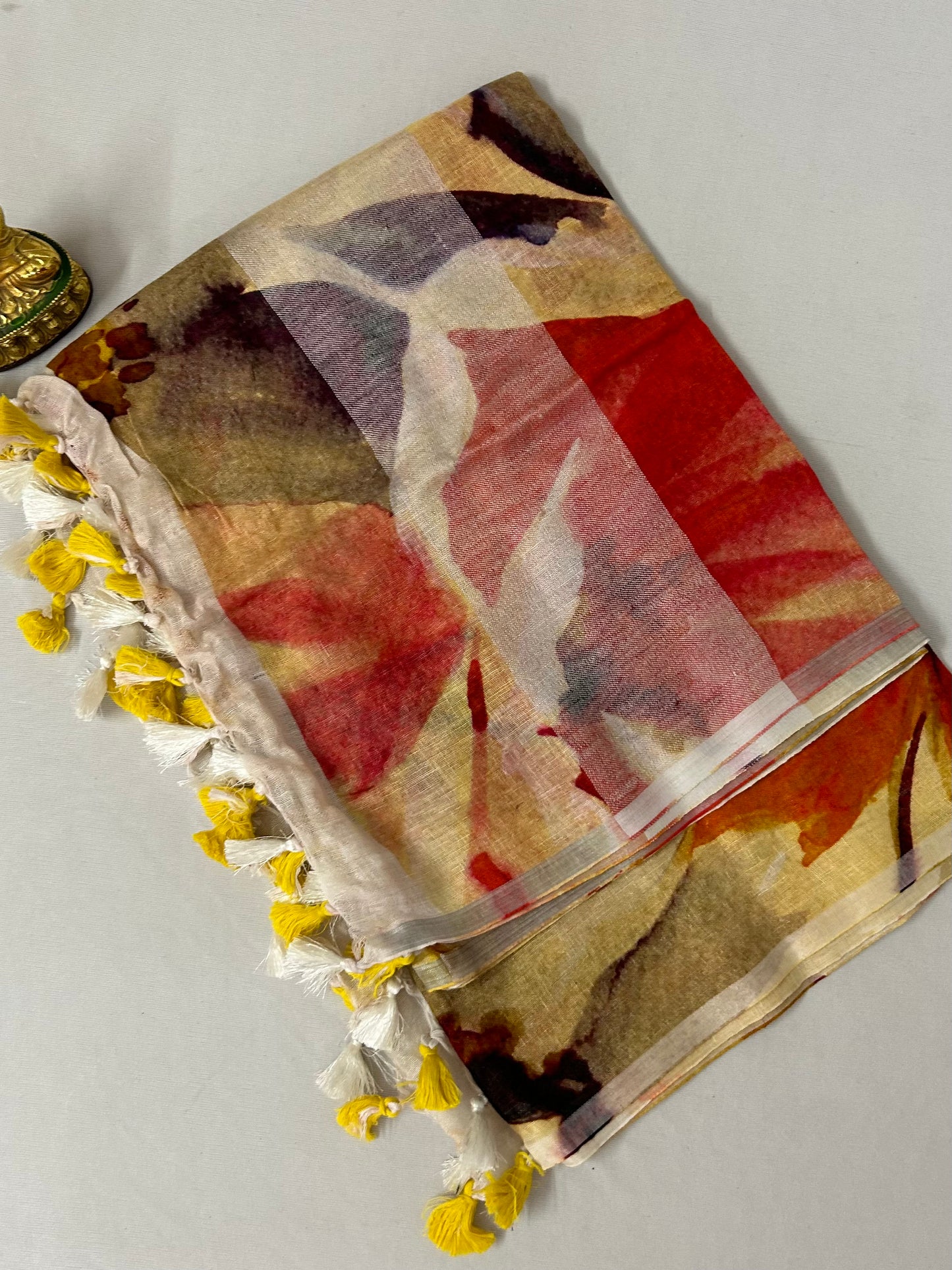 Pure Linen Digital Print Dupatta with Silver Border and Tassles *