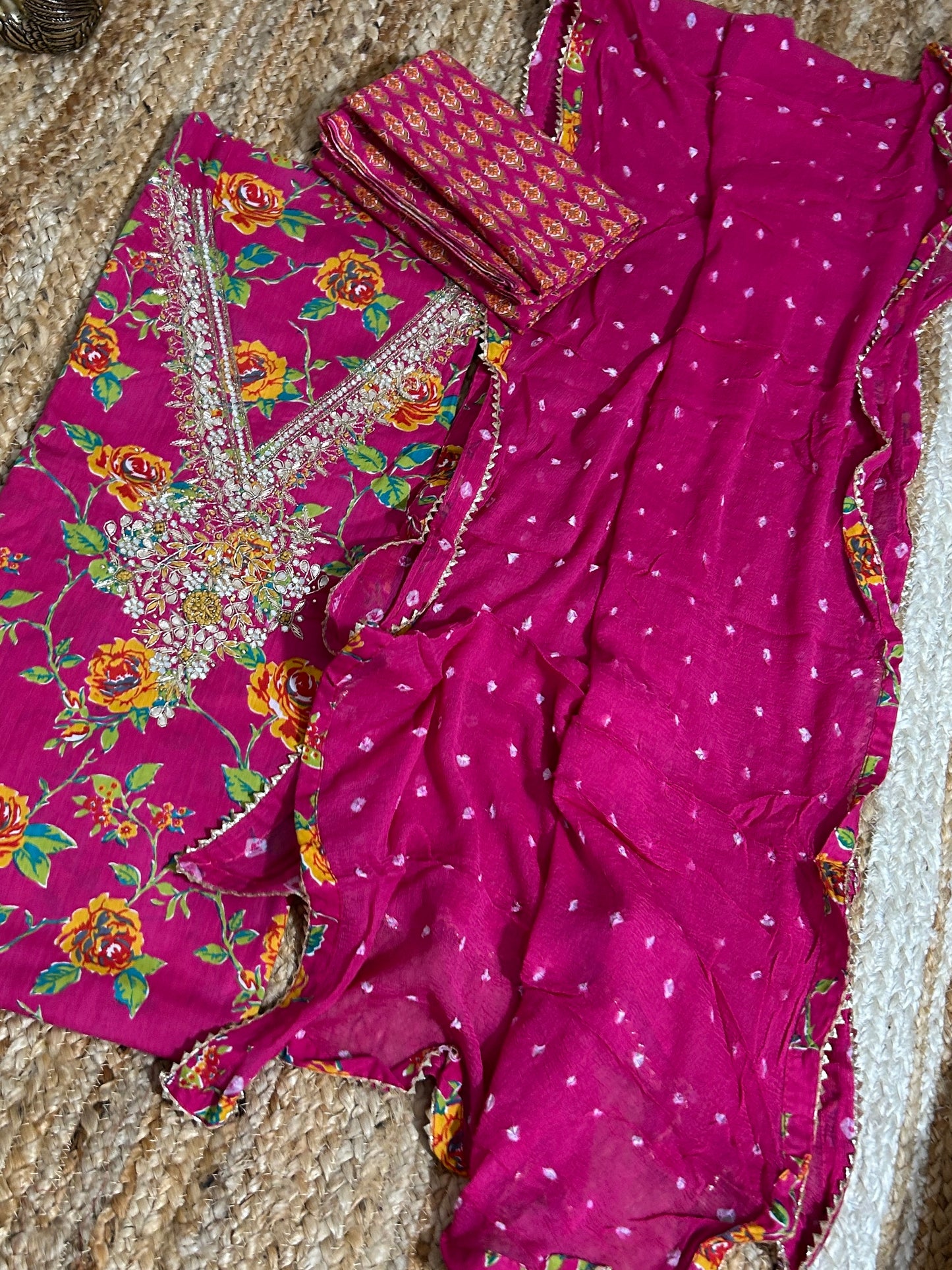Cotton Handwork Dress Material with Pure Chiffon Dupatta *