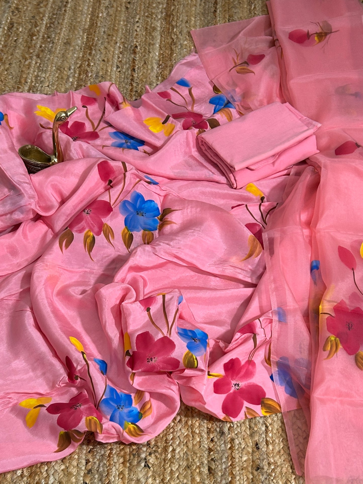 Upada Silk Hand Painted Dress Material with Organza Dupatta
