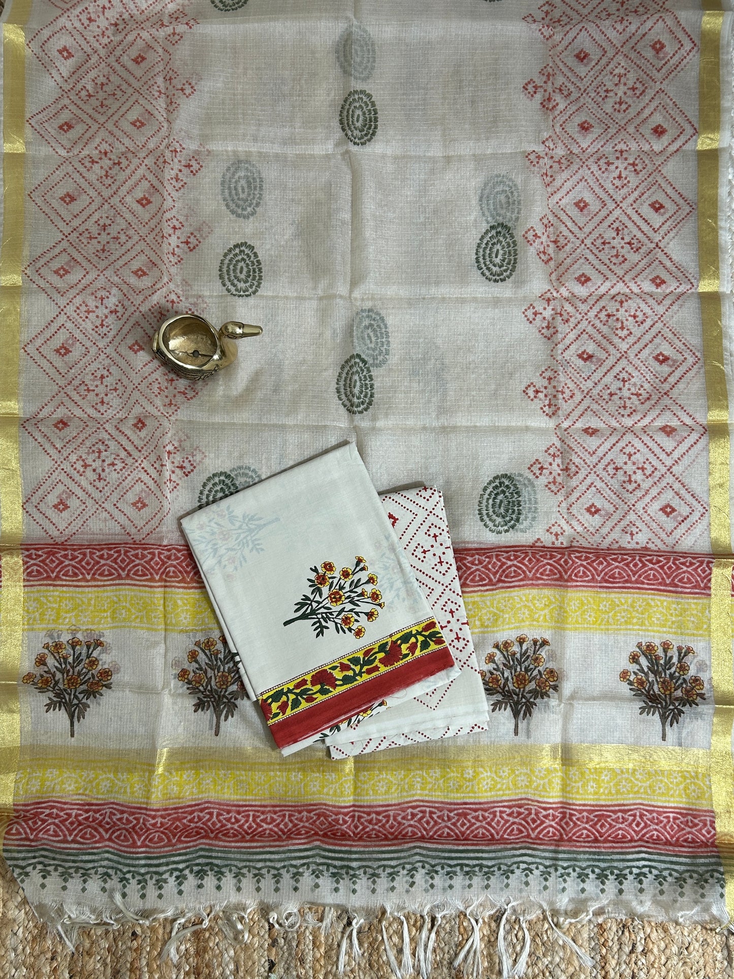 Hand Block Print Cotton Dress Material with Kota Silk Dupatta *