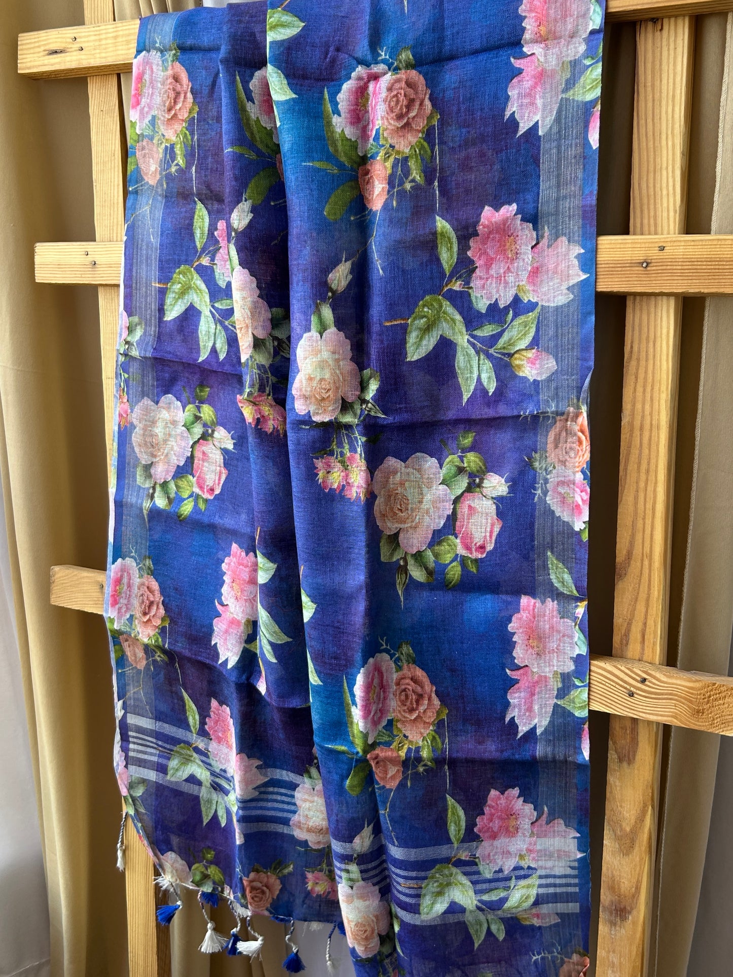Pure Linen Digital Print Dupatta with Silver Border and Tassles