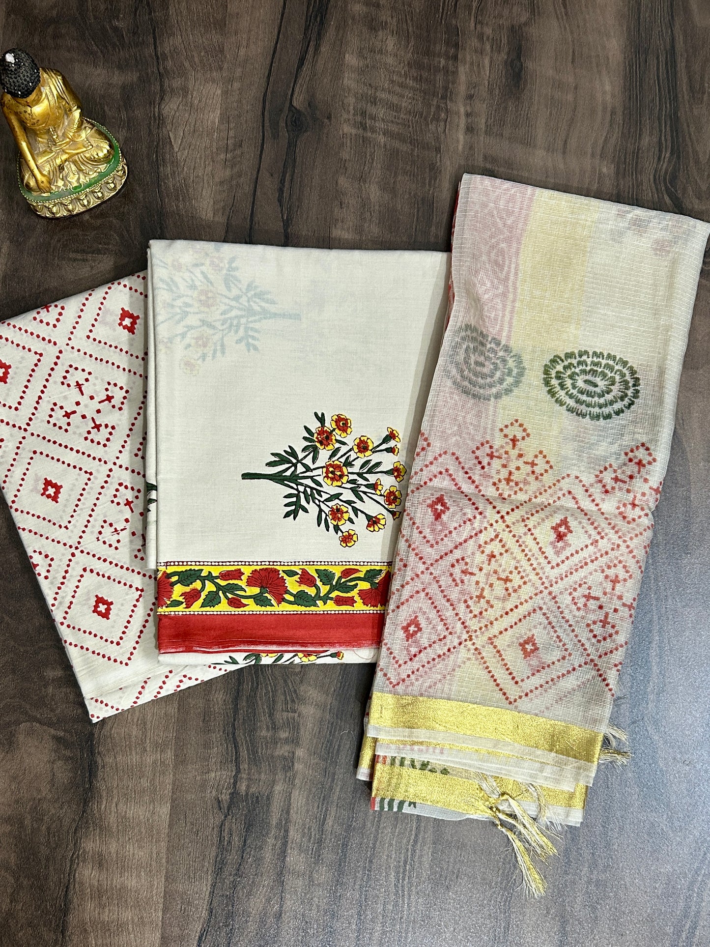 Hand Block Print Cotton Dress Material with Kota Silk Dupatta *