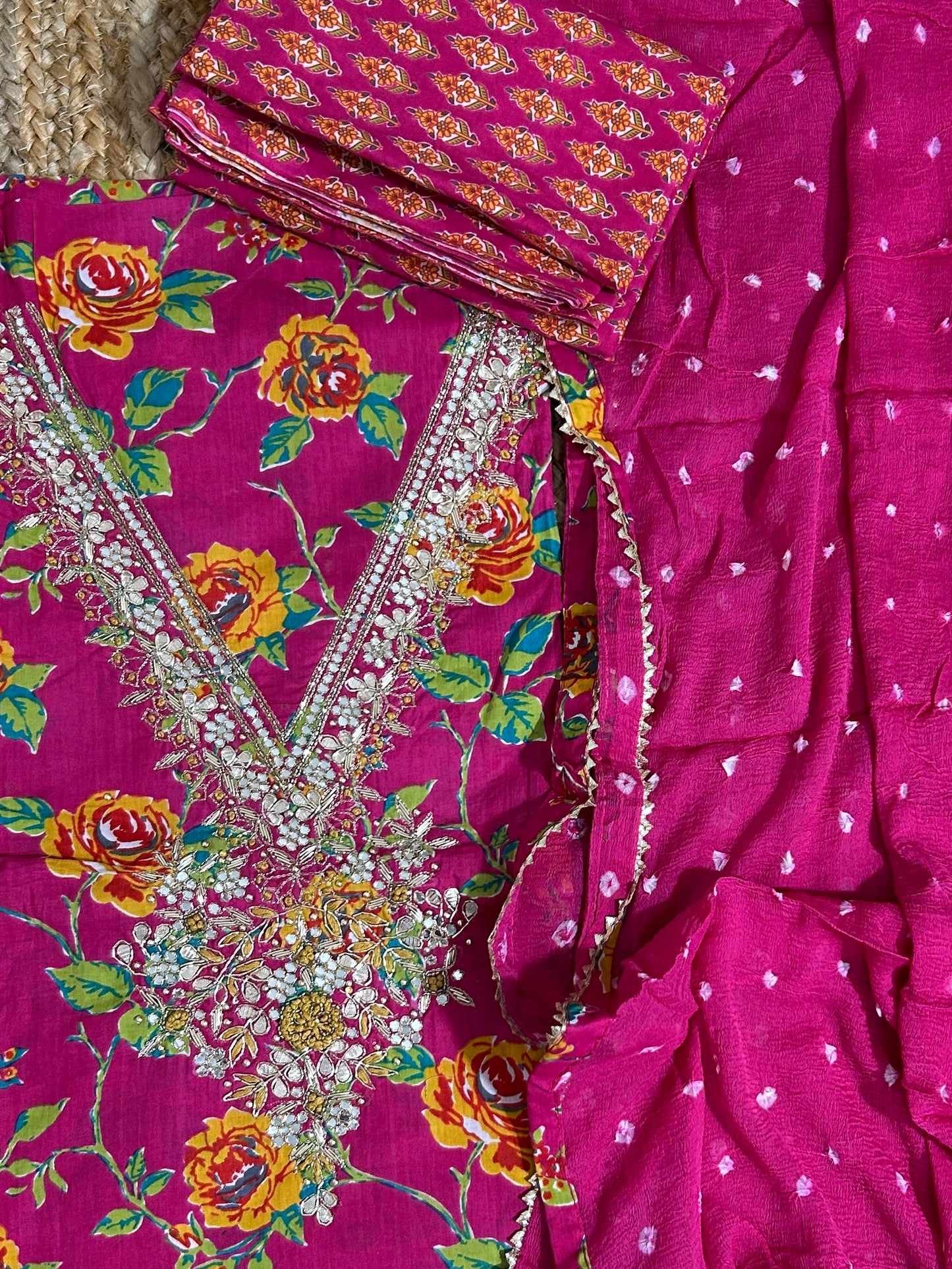 Cotton Handwork Dress Material with Pure Chiffon Dupatta *