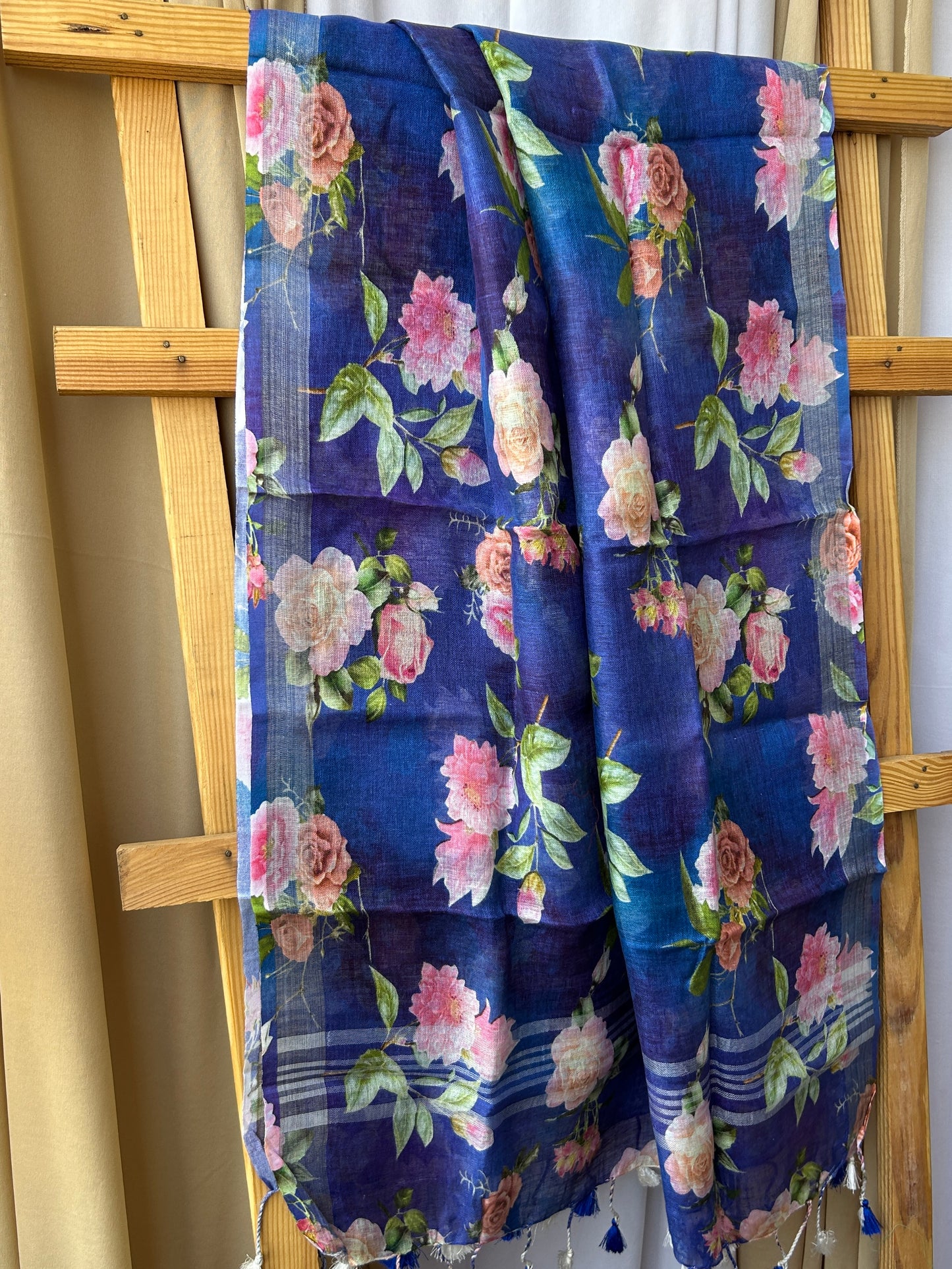 Pure Linen Digital Print Dupatta with Silver Border and Tassles