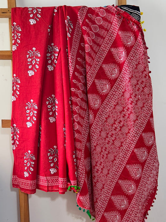 Hand BlockPrint Cotton Saree with Pompoms