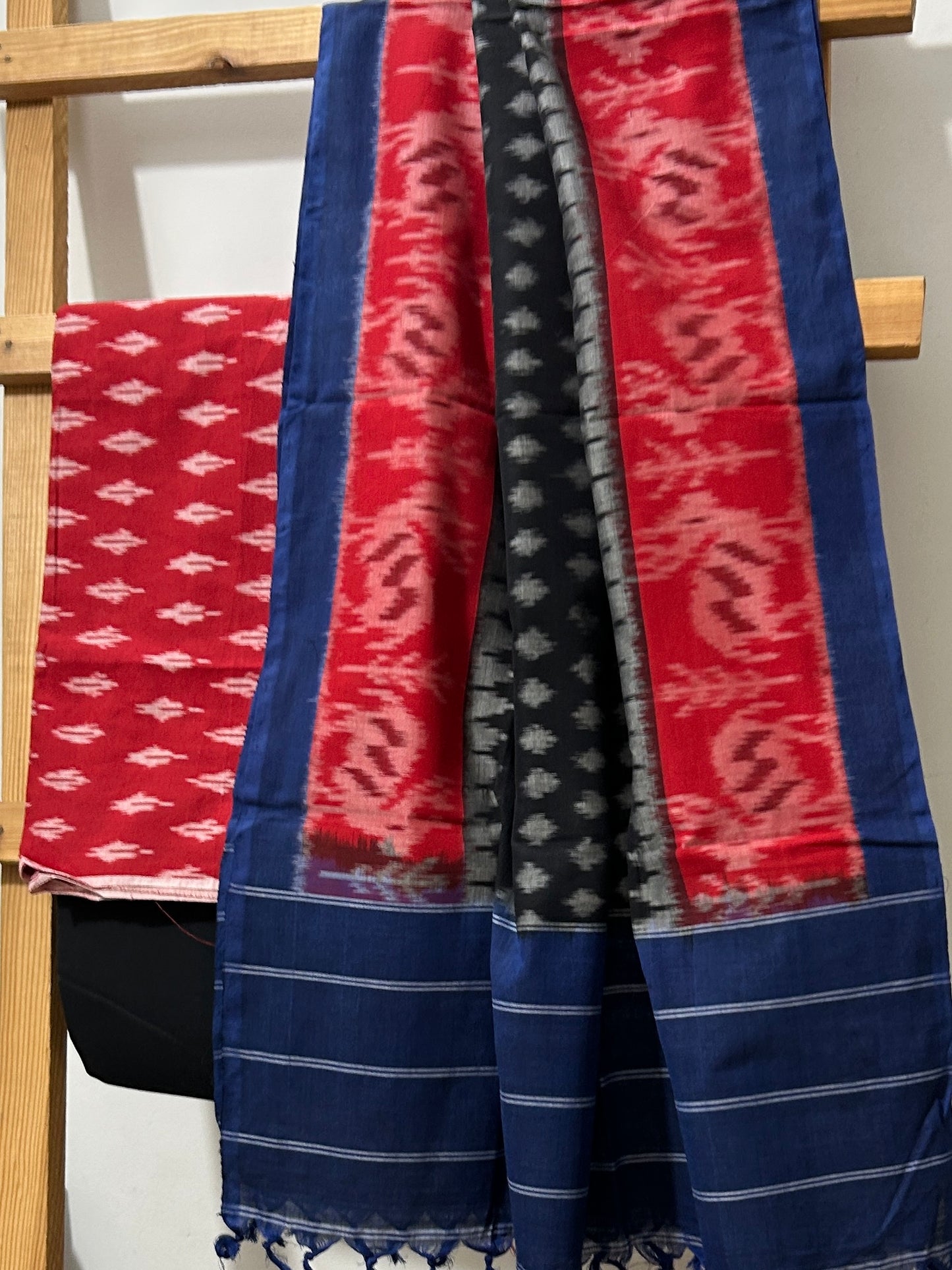 Red Blue Double Ikat Cotton Dress Material
