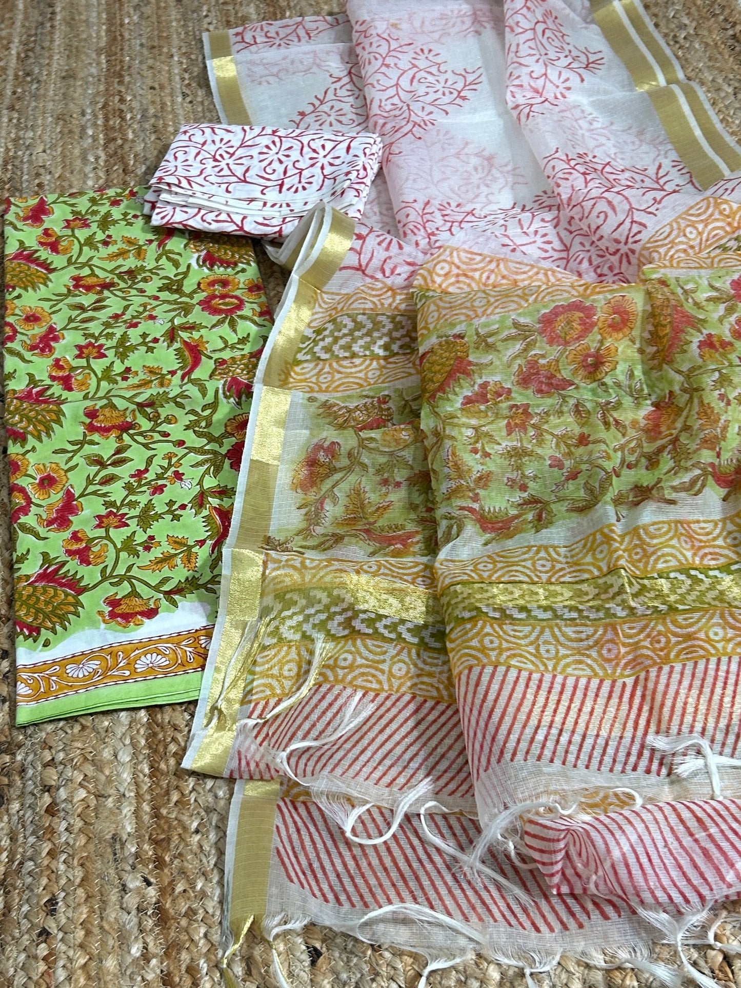 Hand BlockPrint Cotton Dress Material with Organza Dupatta *