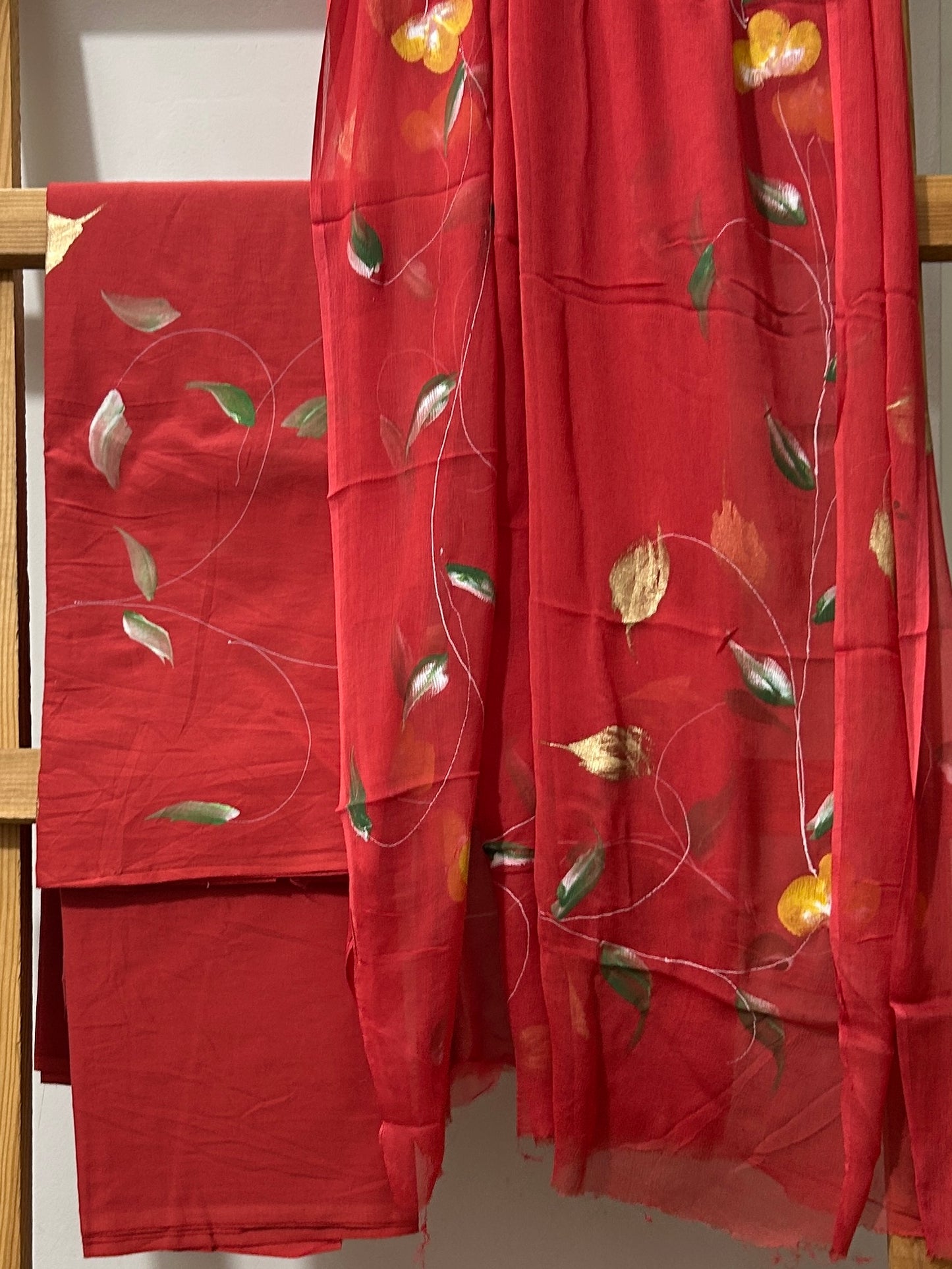 Hand Painted Cotton Dress material with Chiffon Dupatta *