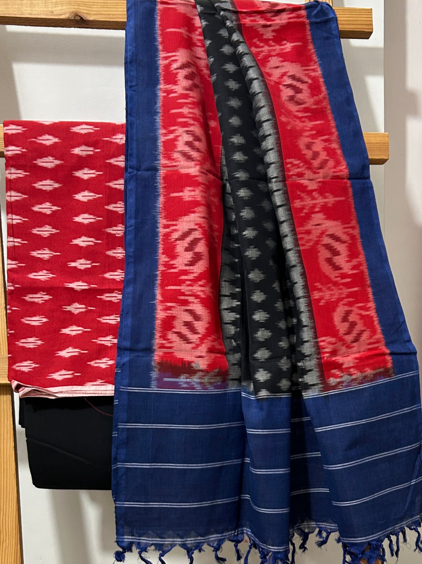 Red Blue Double Ikat Cotton Dress Material