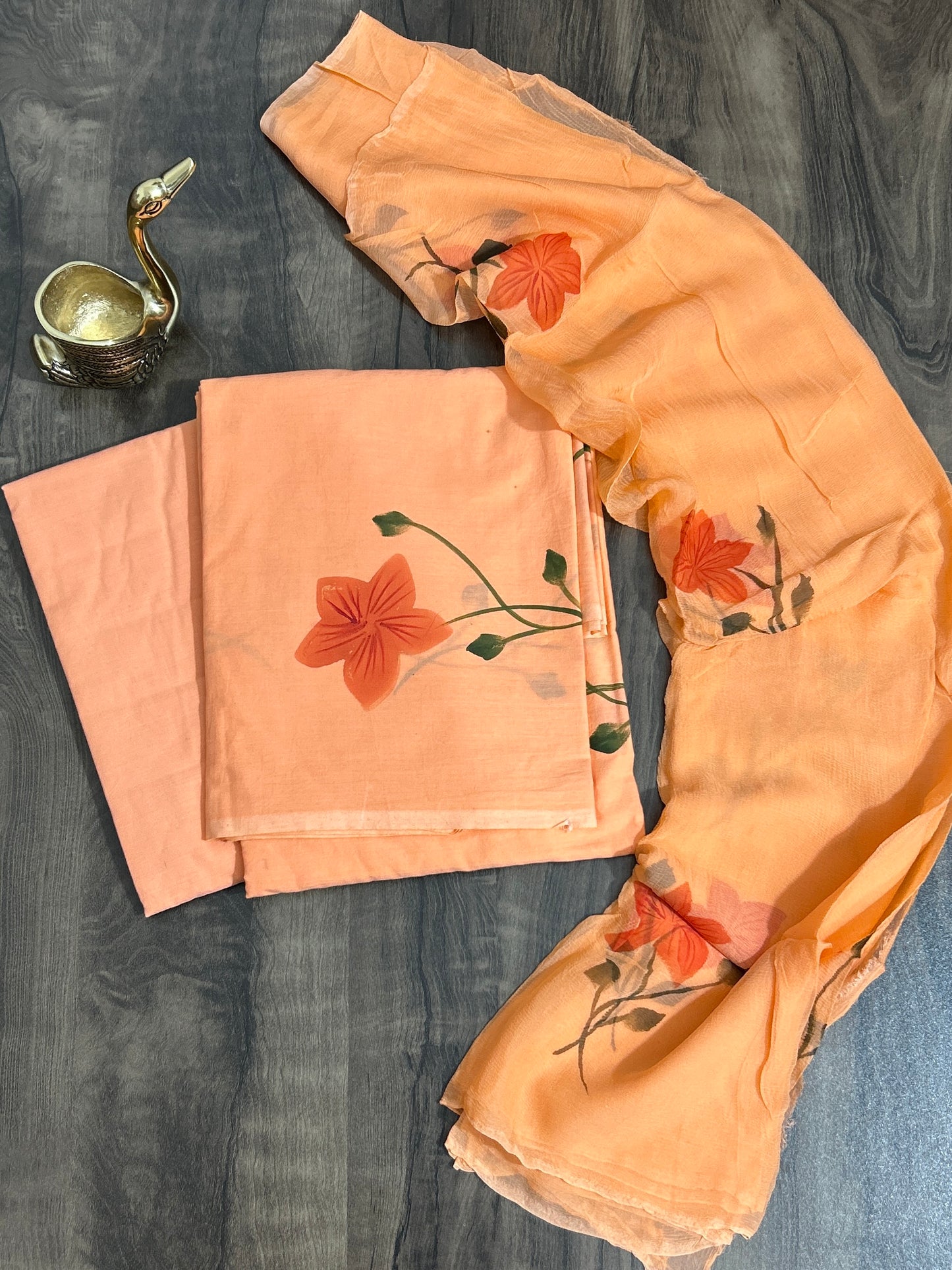 Hand Painted Cotton Dress Material with Chiffon Dupatta *