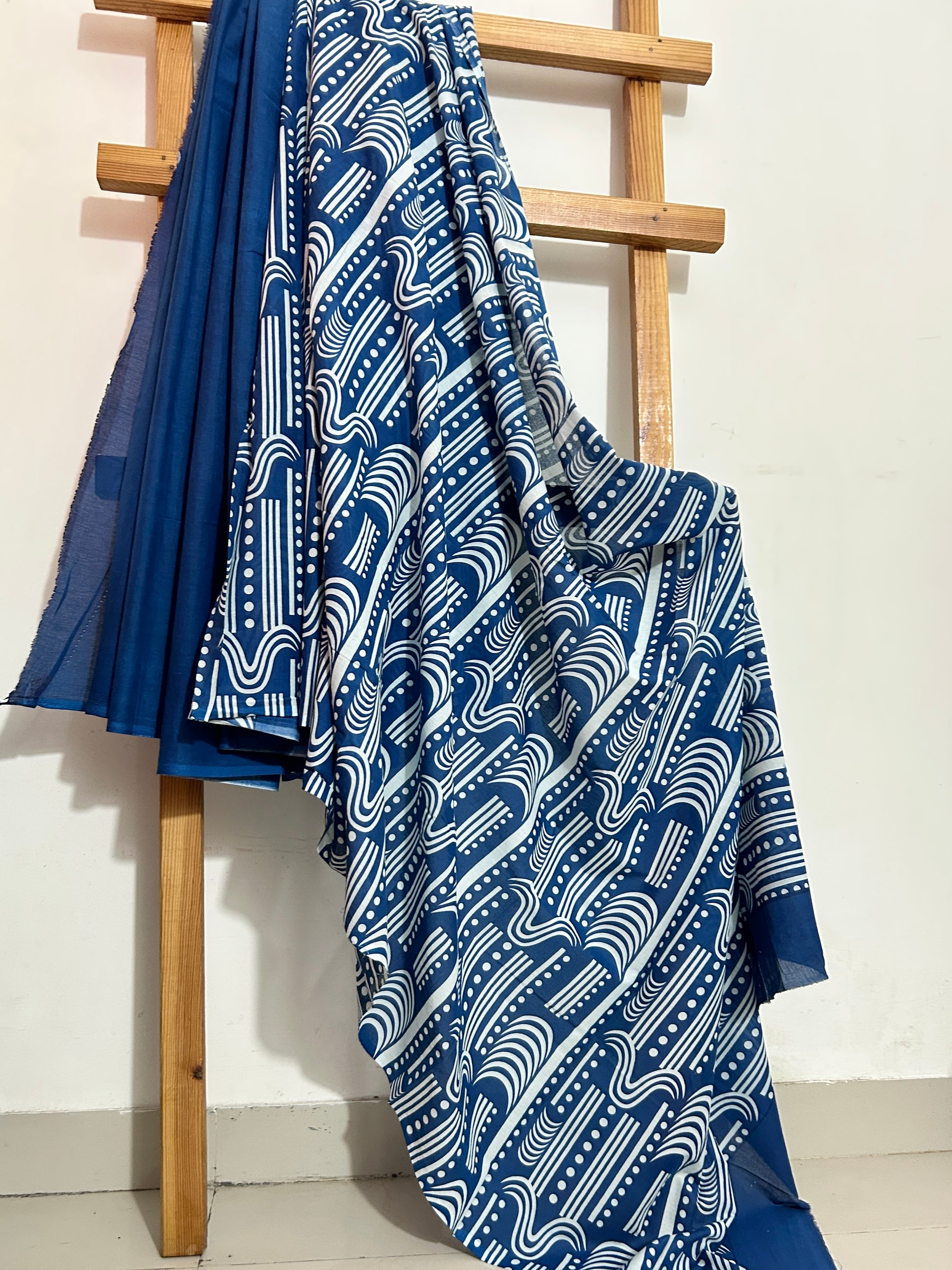 Half and half Indigo Bagru Hand Block Print Cotton Saree