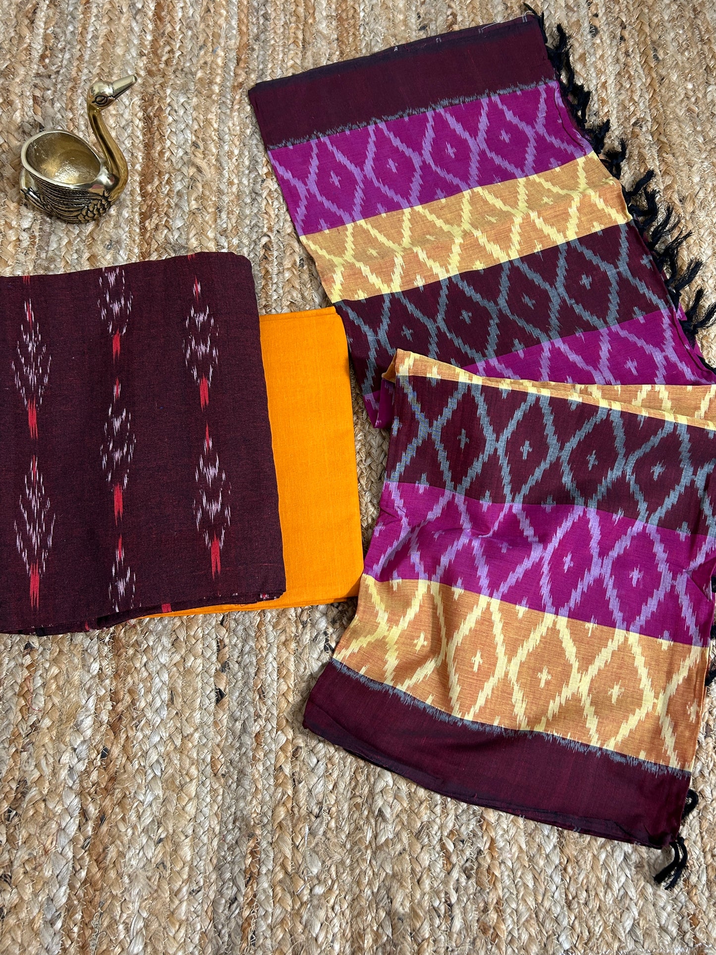 Brown Double Ikat Cotton Dress Material