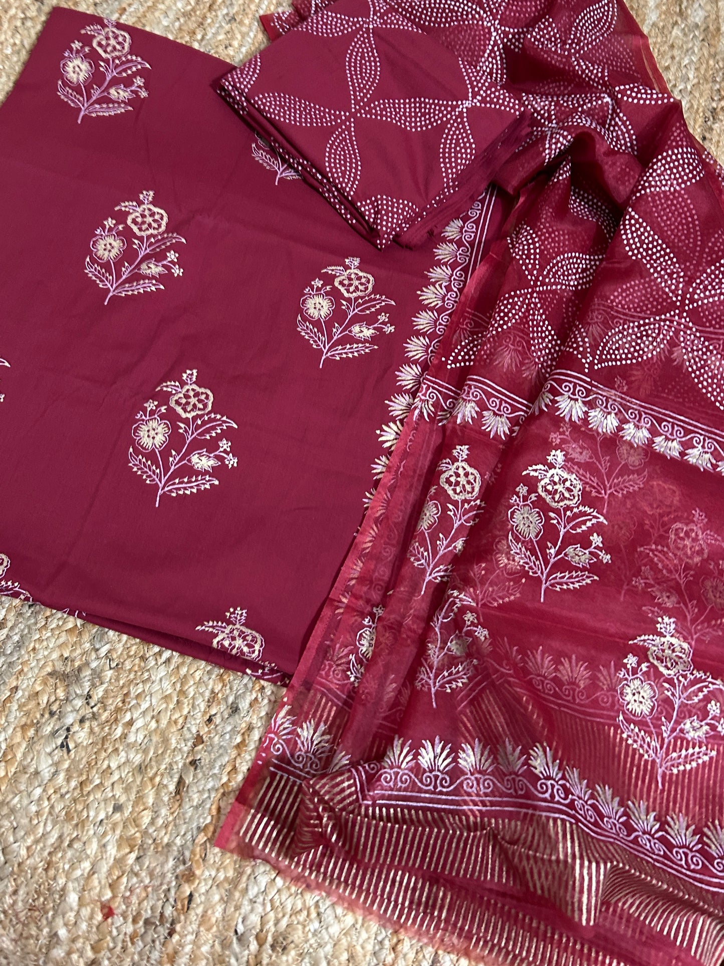 Hand BlockPrint Cotton Dress Material with Organza Dupatta