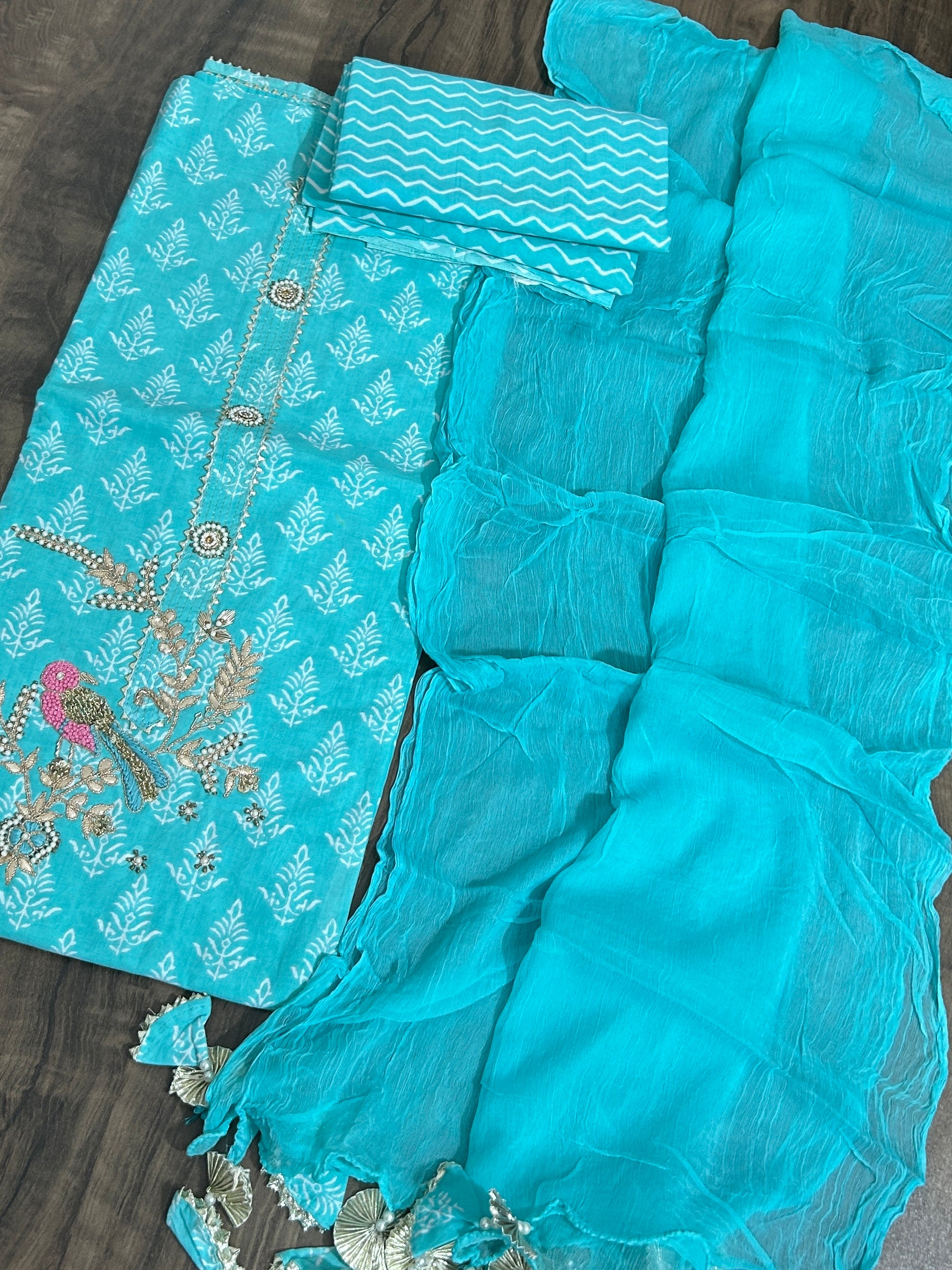 Cotton Handwork Dress Material with Chiffon Dupatta
