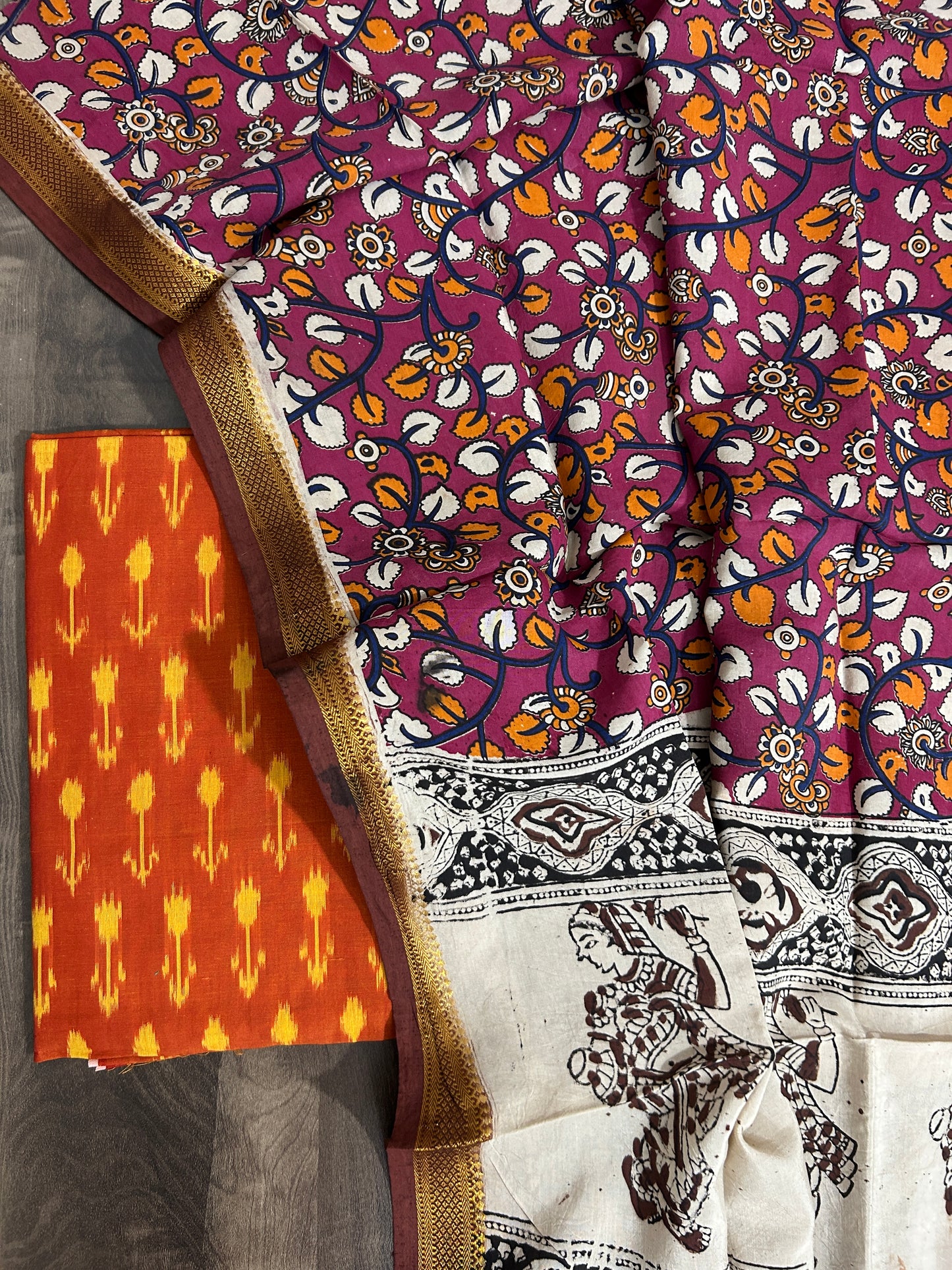 Ikat Dress Material with kalamkari Silk Dupatta