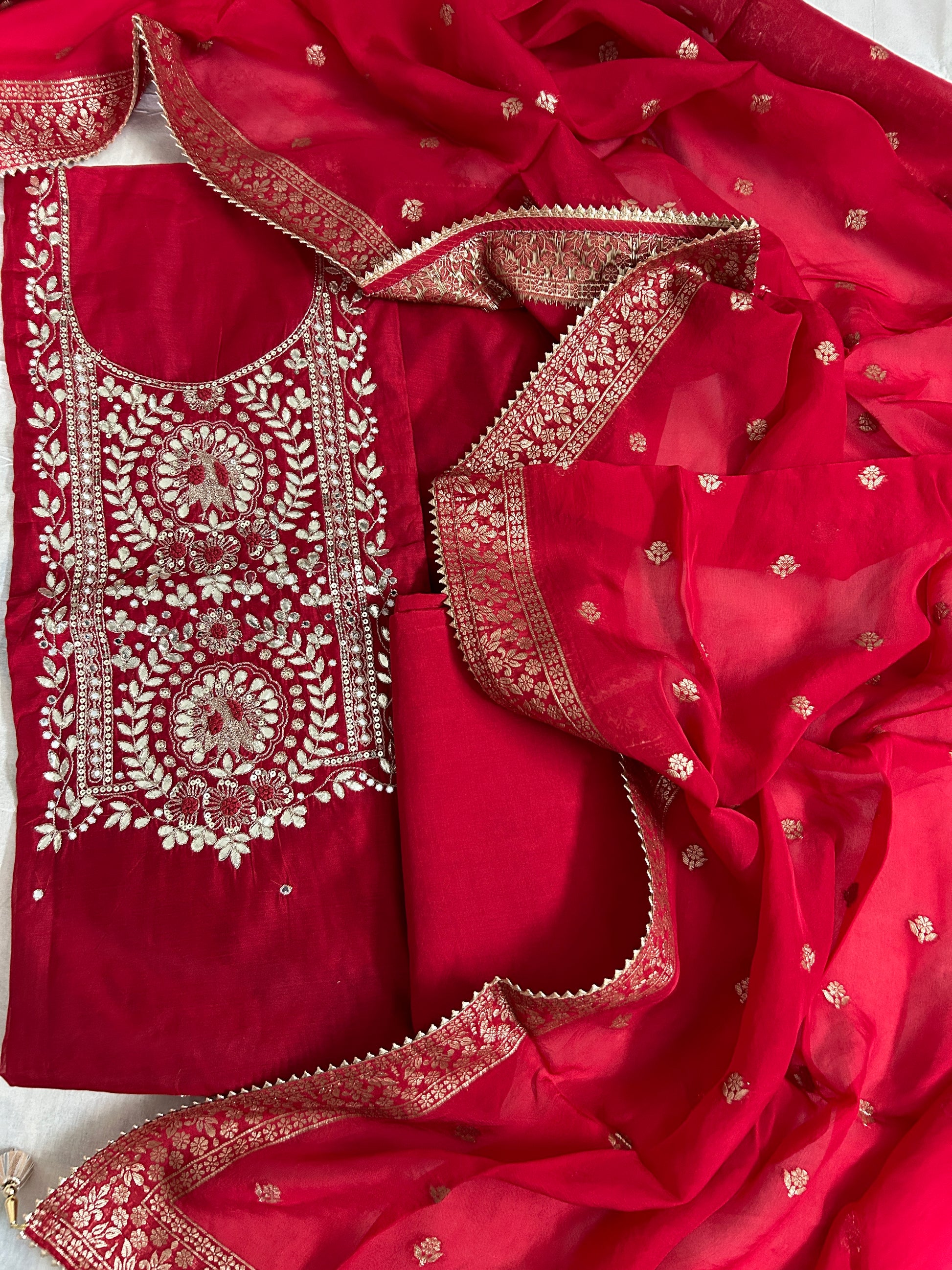 Red Party Wear Handwork Dress Material