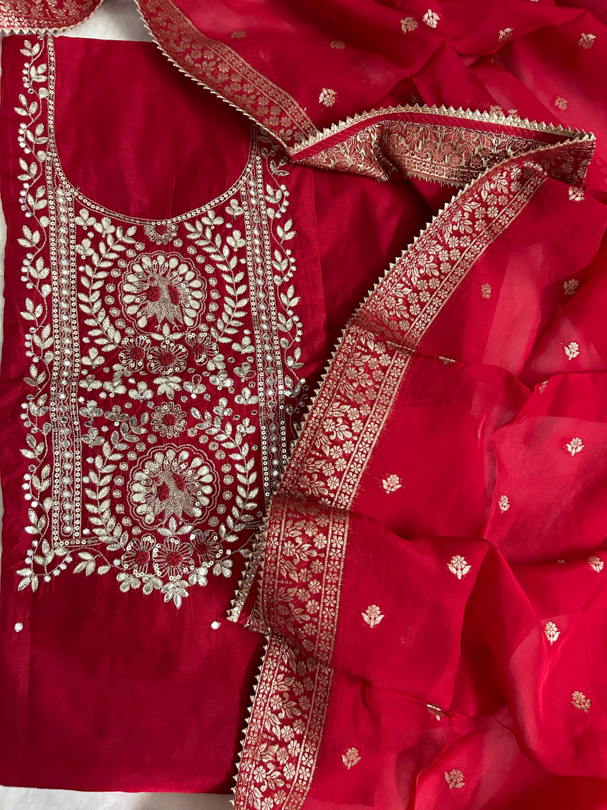 Red Party Wear Handwork banarasee Dress Material